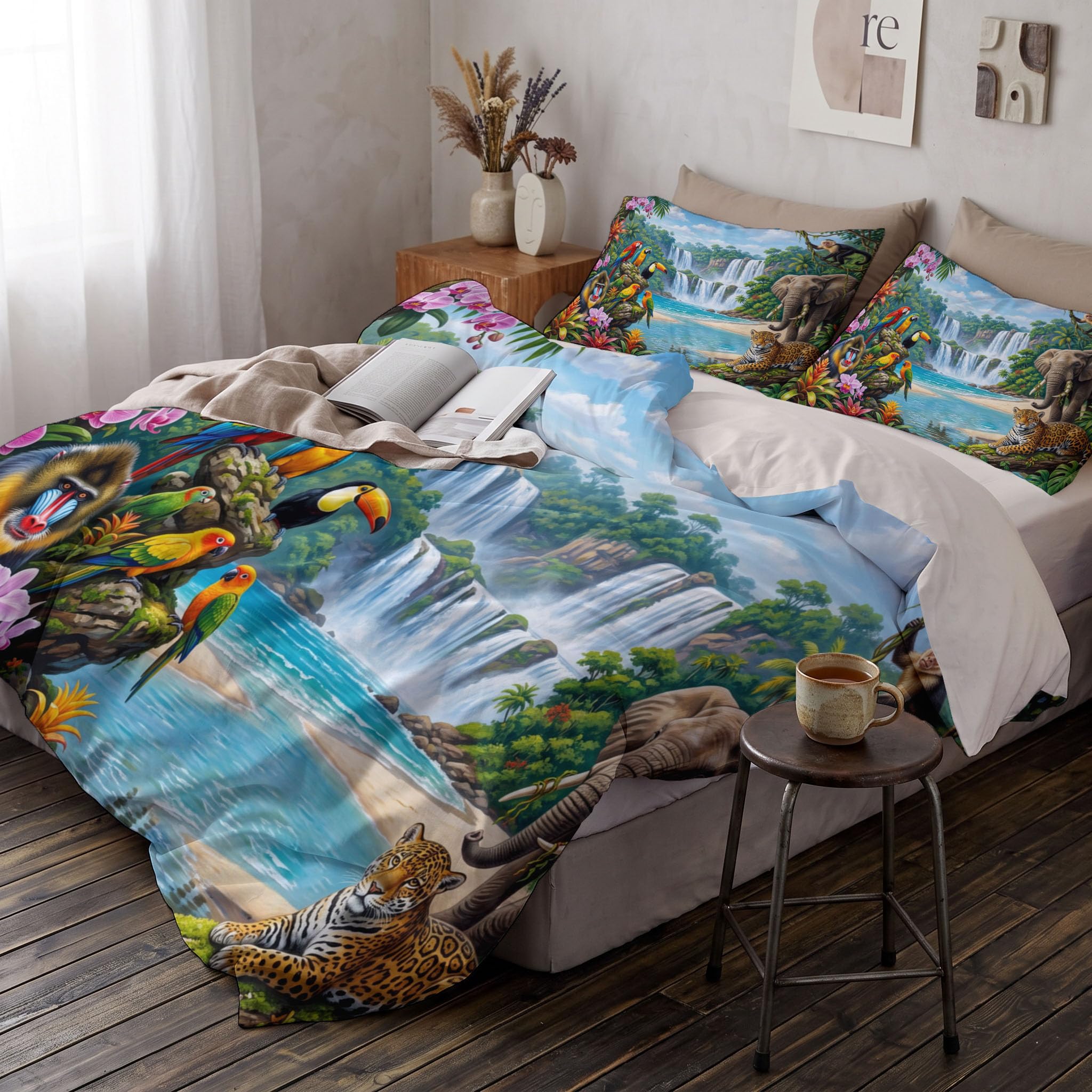 Housse de Couette 140x200cm pour 1 Personne Paysage Rivière Cascade | Parure de Lit Réversible Jungle Tropicale Fantastique, Ensemble de Literie en Microfibre Douce avec 1 Taies d'oreiller