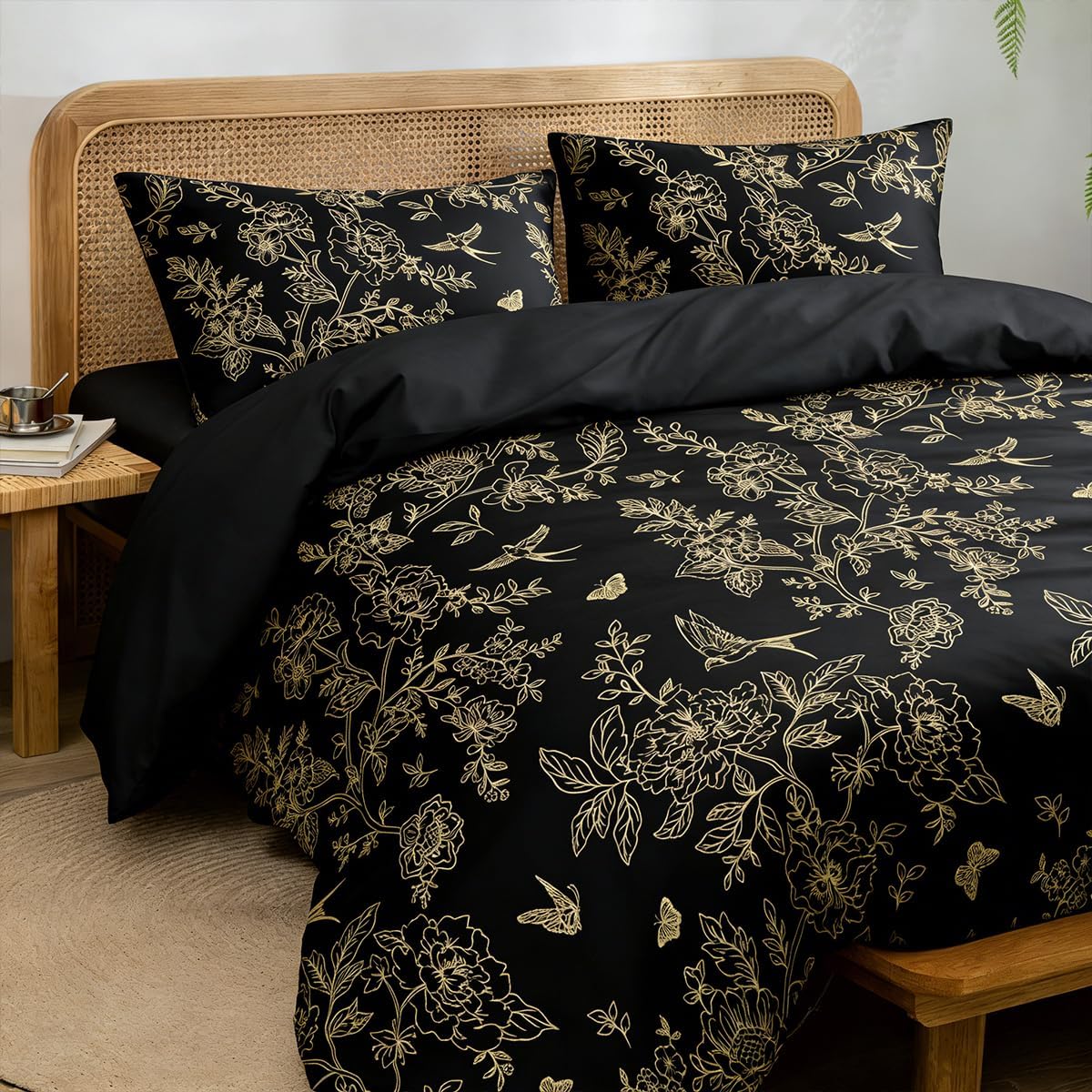 Floral Duvet Cover Queen Beige Gold 3 Pieces Elegant Botanical Flower Printed Bedding Set, Modern Aesthetic Duvet Cover Set for All Season, 2 Pillowcases