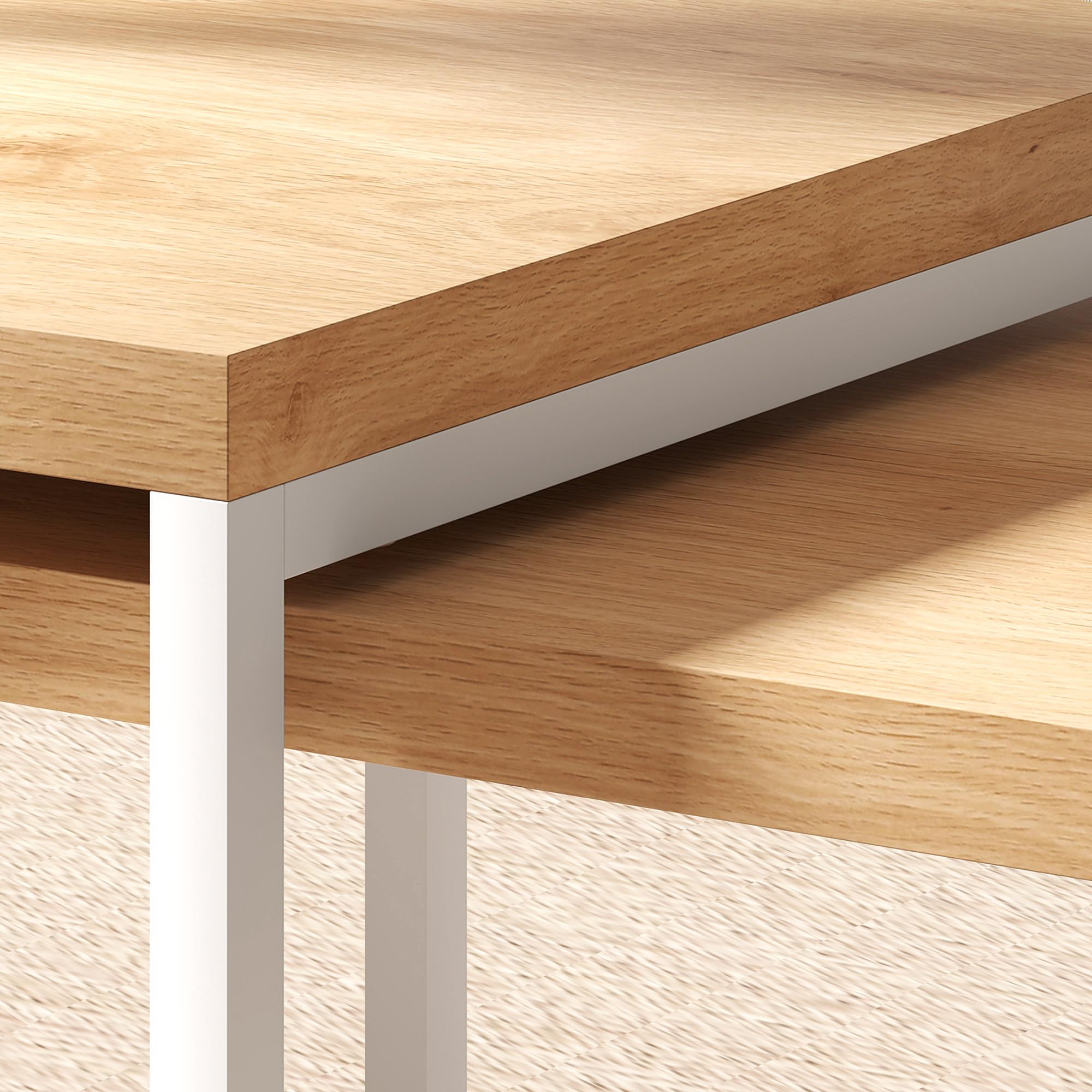 HOMCOM Juego de 2 Mesas de Centro, Mesa Nido Moderna, Mesitas Auxiliares, Marco de Metal, para Salón, Dormitorio, Grande 90x48x42 cm y Pequeña 59x42x36 cm, Natural y Blanco