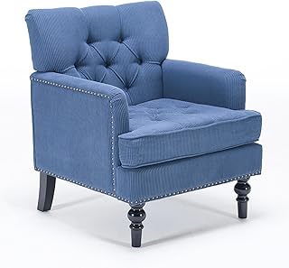 Tufted Accent Chair, Mid Century Modern Club Chair with Nailhead Trim, Beige Corduroy Upholstered Armchair for Living Room, Bedroom, Reading Nook, Rolled Arms & Wooden Legs (Blue)