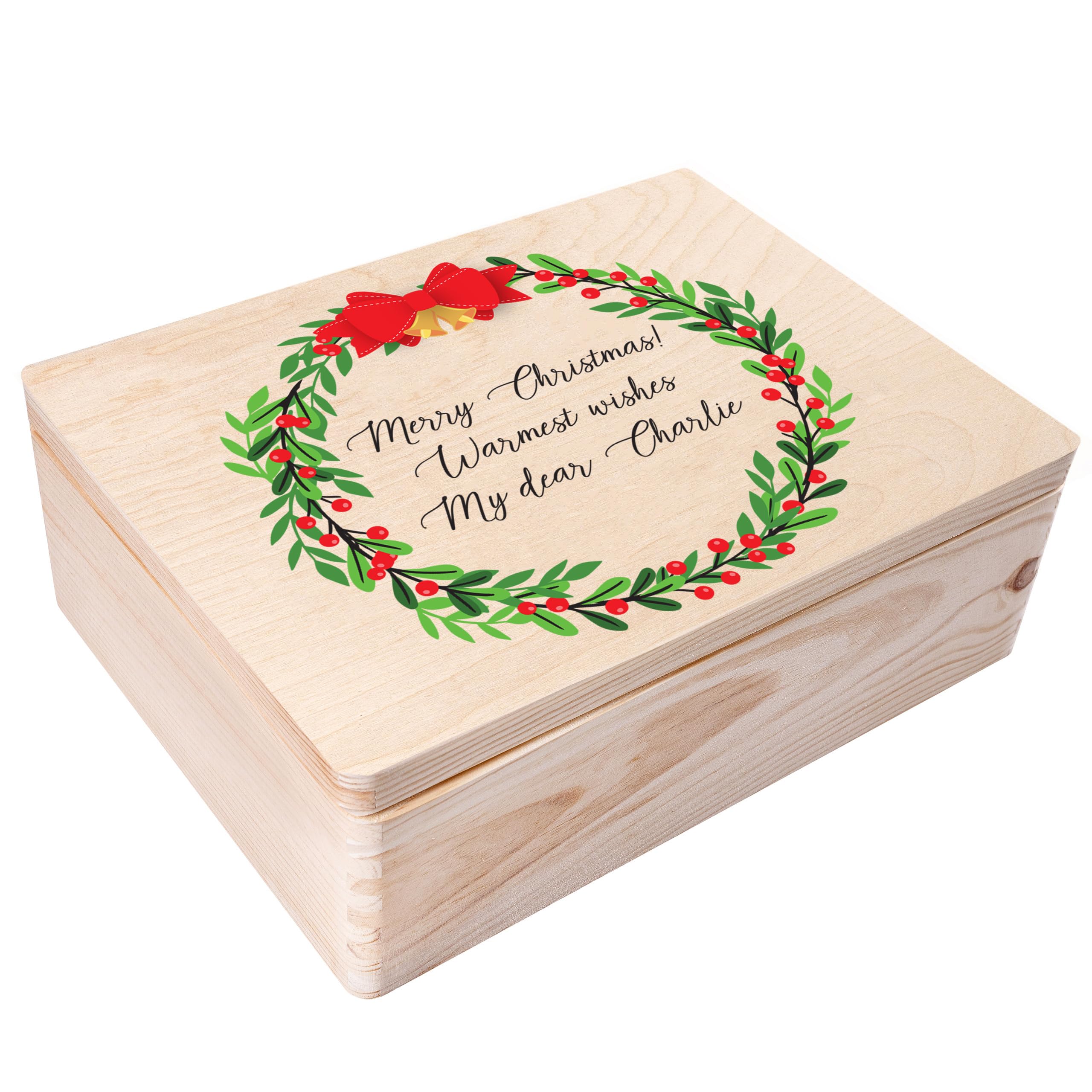 Creative Deco Personalised Gifts | Any Text Gift Christmas for Women, Men, Girls or Boys | Unique Wish Custom Xmas Gift Box | Customised Wooden Storage Box with Hinged Lid | Empty Christmas Eve Box