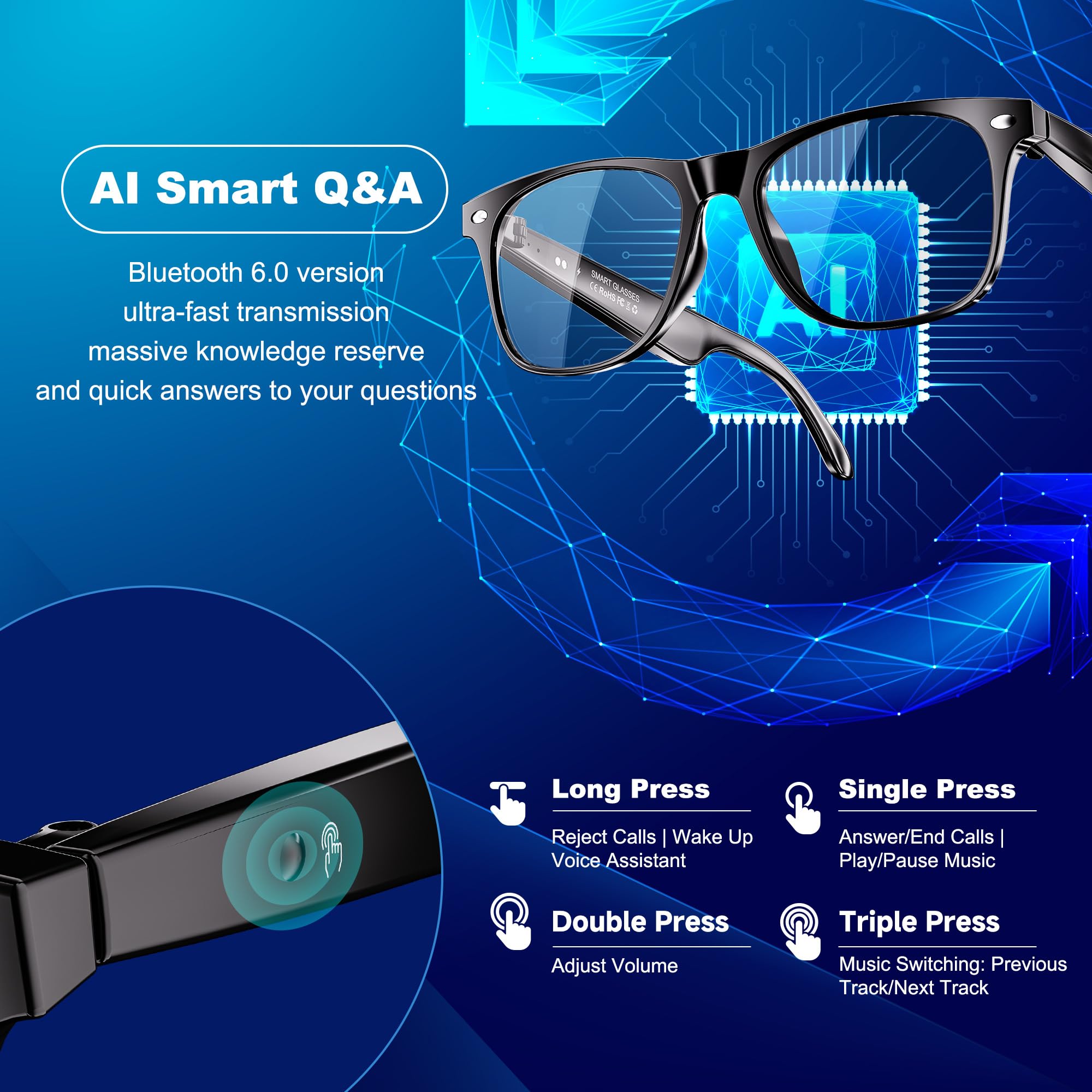 Lunettes Intelligentes audio Bluetooth pour Femmes et Hommes, Lunettes Bluetooth avec Haut-parleur à Oreille Ouverte, Commande Vocale