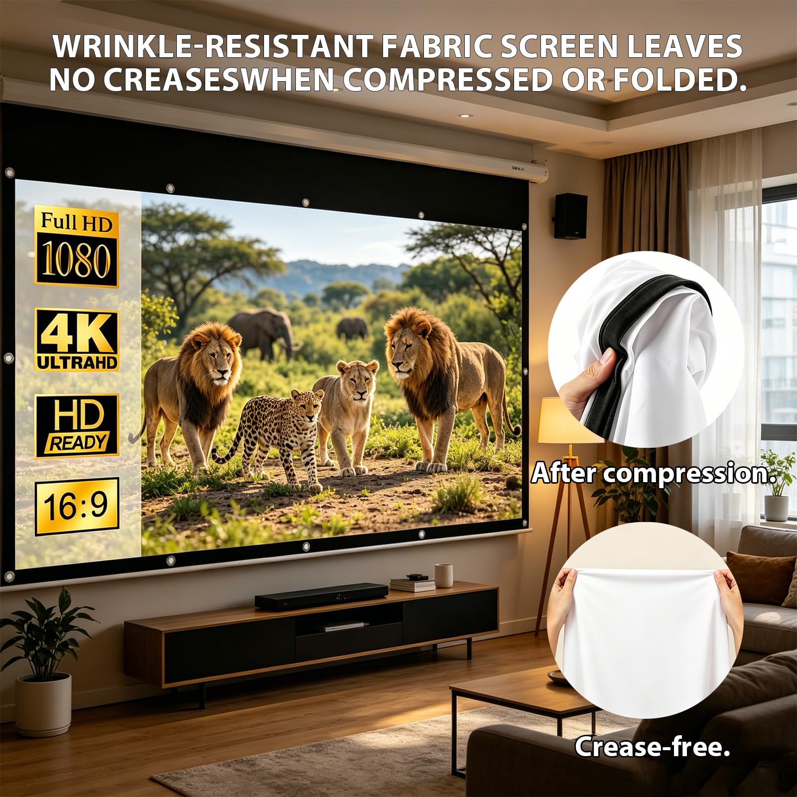 Écran De Projection, Ecran Videoprojecteur 4K Anti-Plis, 16:9 HD, Toile Videoprojecteur Portable Pliable, Ecran De Projection Double Face pour Home Cinéma, Camping en Plein Air (Blanc, 100 Pouces)