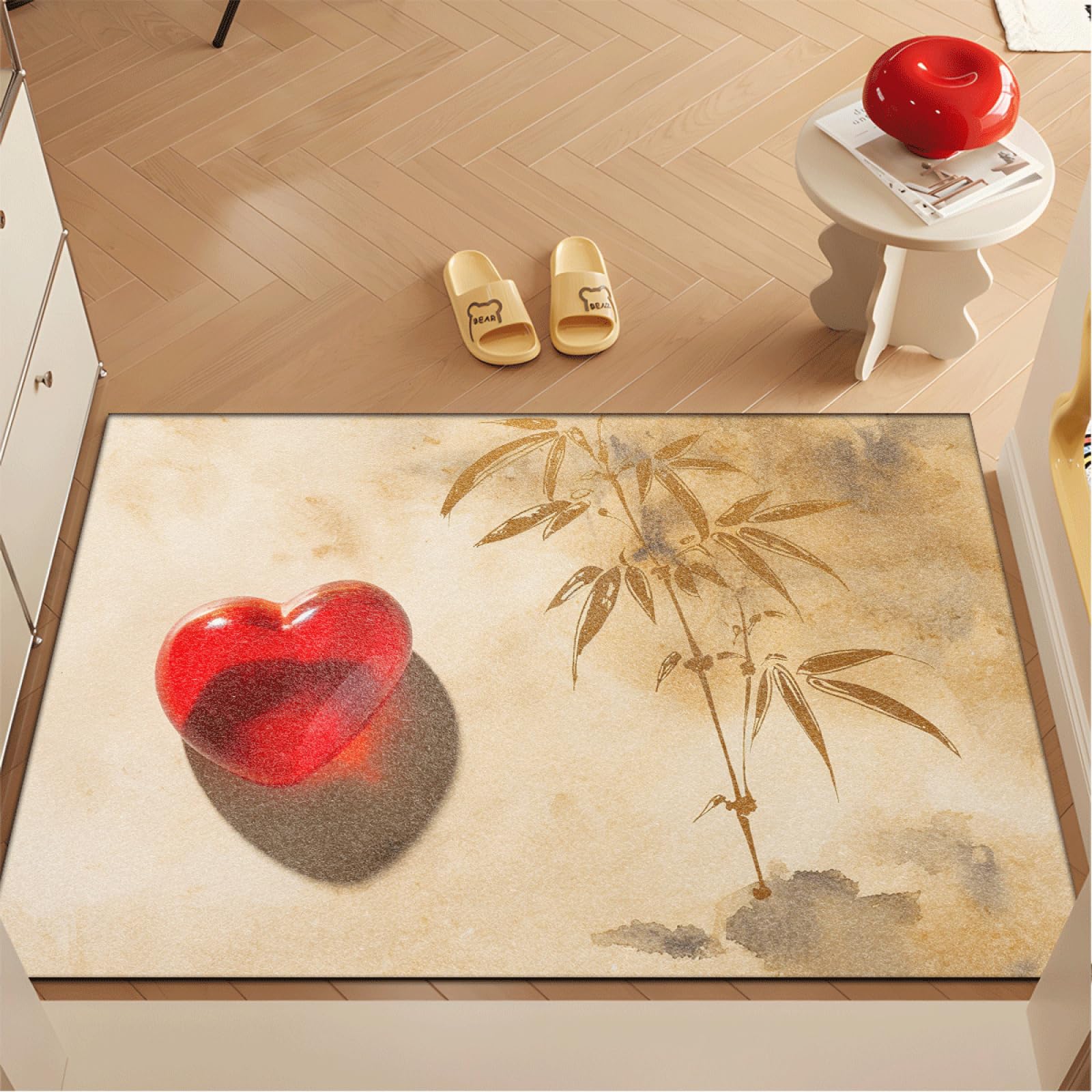 Fussmatte Innen 80x120 cm Beige Bambus Herz Fussmatte Aussen rutschfeste für Hund Eingang Badematte Waschbar Schmutzfangmatte Strapazierfähige und Langlebige Fussmatten Haustür