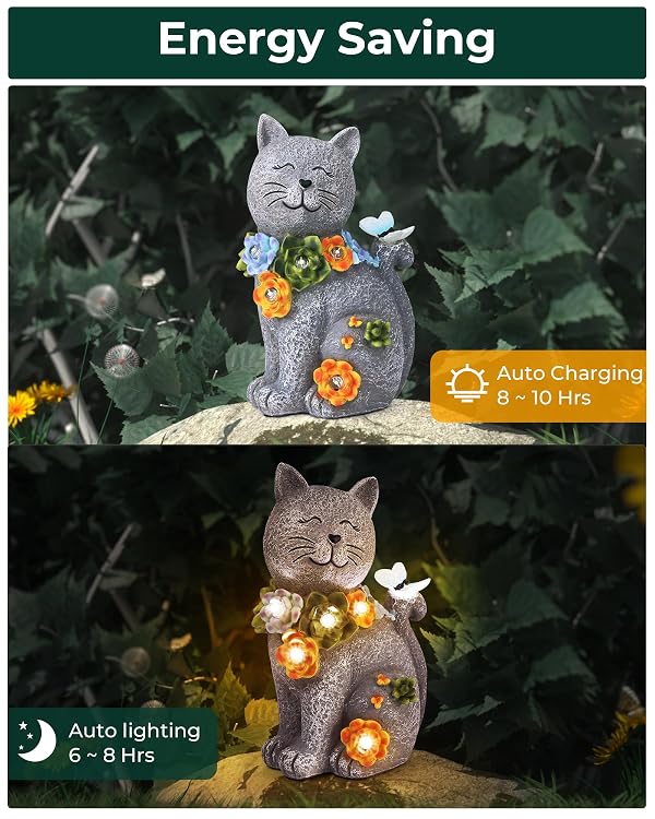 Vuees Solar Garden Statues Outdoor Decor, 6 LED Cat Flowers Butterfly Figurine Lights, Waterproof for Balcony Patio Porch Lawn Yard Ornament Art - Gift Ideas for Housewarming Gardening Grandma Women by Vuees - Image 5