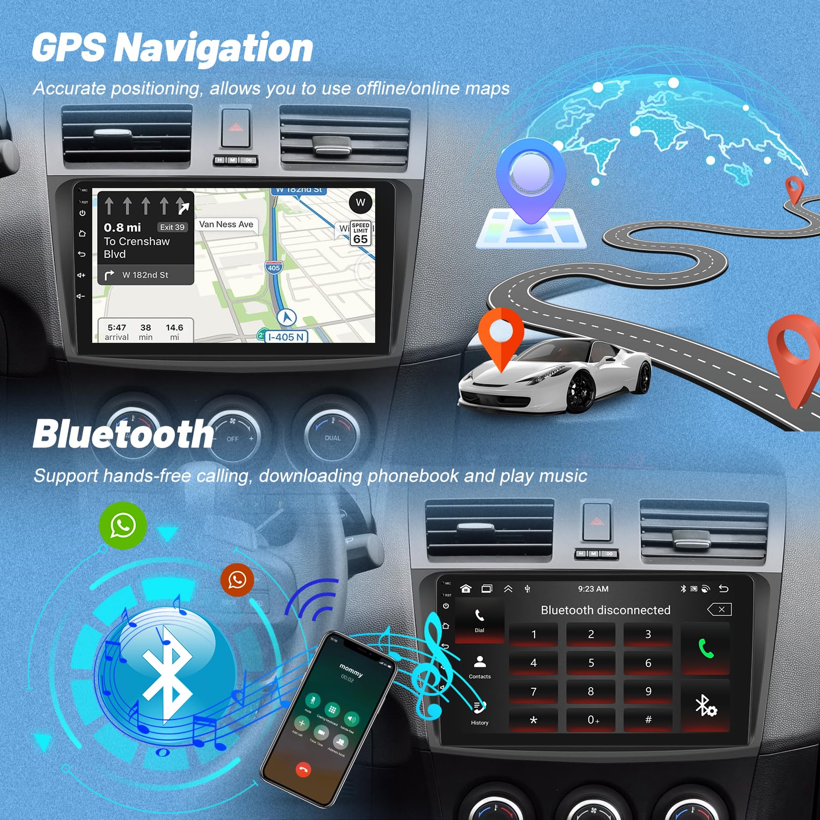 Android Autoradio pour Mazda 3 2009-2013 avec sans Fil Carplay et Android Auto, Écran Tactile HD de 9 Pouces avec GPS/WiFi/Bluetooth/EQ/FM RDS