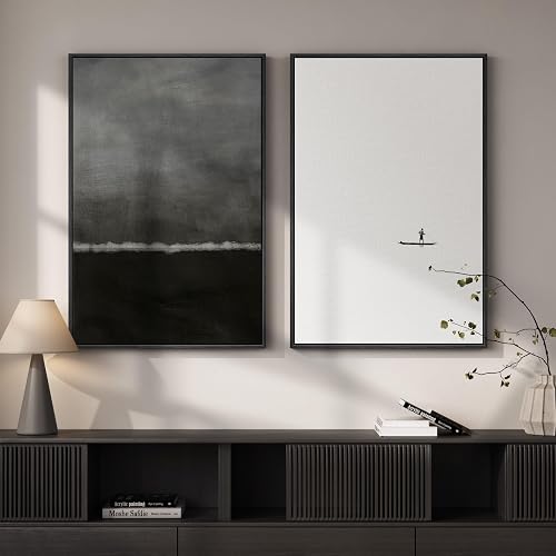 Framed Black and White Abstract Wall Art for Living Room, Large Set of 2 Minimalist Modern Canvas Prints for Walls, Seascape Horizon Pictures for Bedroom Dining Room Hallway Office Wall Decor 24x36 In