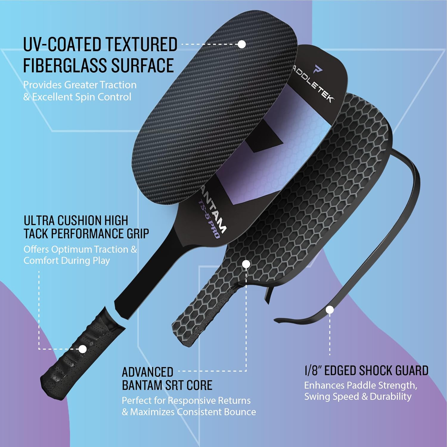 Paddletek バンタム TS-5 プロコンポジットピックルボールパドル Light Weight レッド Bantam-TS-5 PRO-軽量-薄型グリップ-パープル Paddletek Bantam TS-5