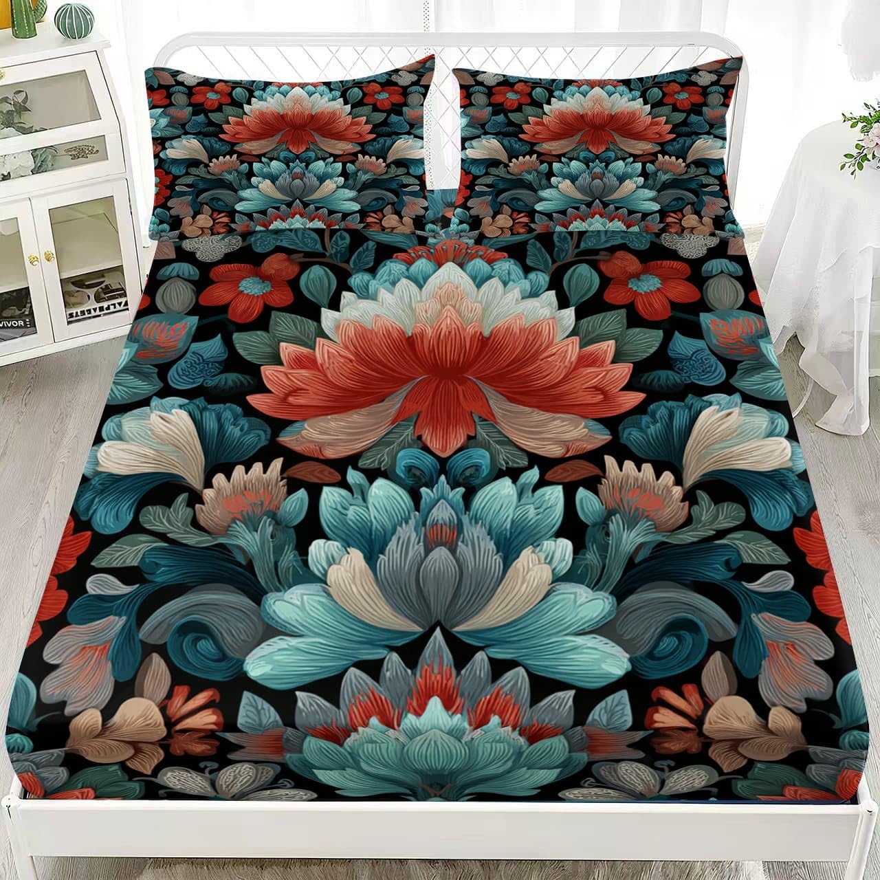 Sábana Bajera Ajustable Elástica 200x200 cm Tradicional Estampados Florales ArtíSticos Transpirable Suave Microfibra Juego de Ropa de Cama Multicolor Bolsillo Profundo 30 cm, Protector de Colchón