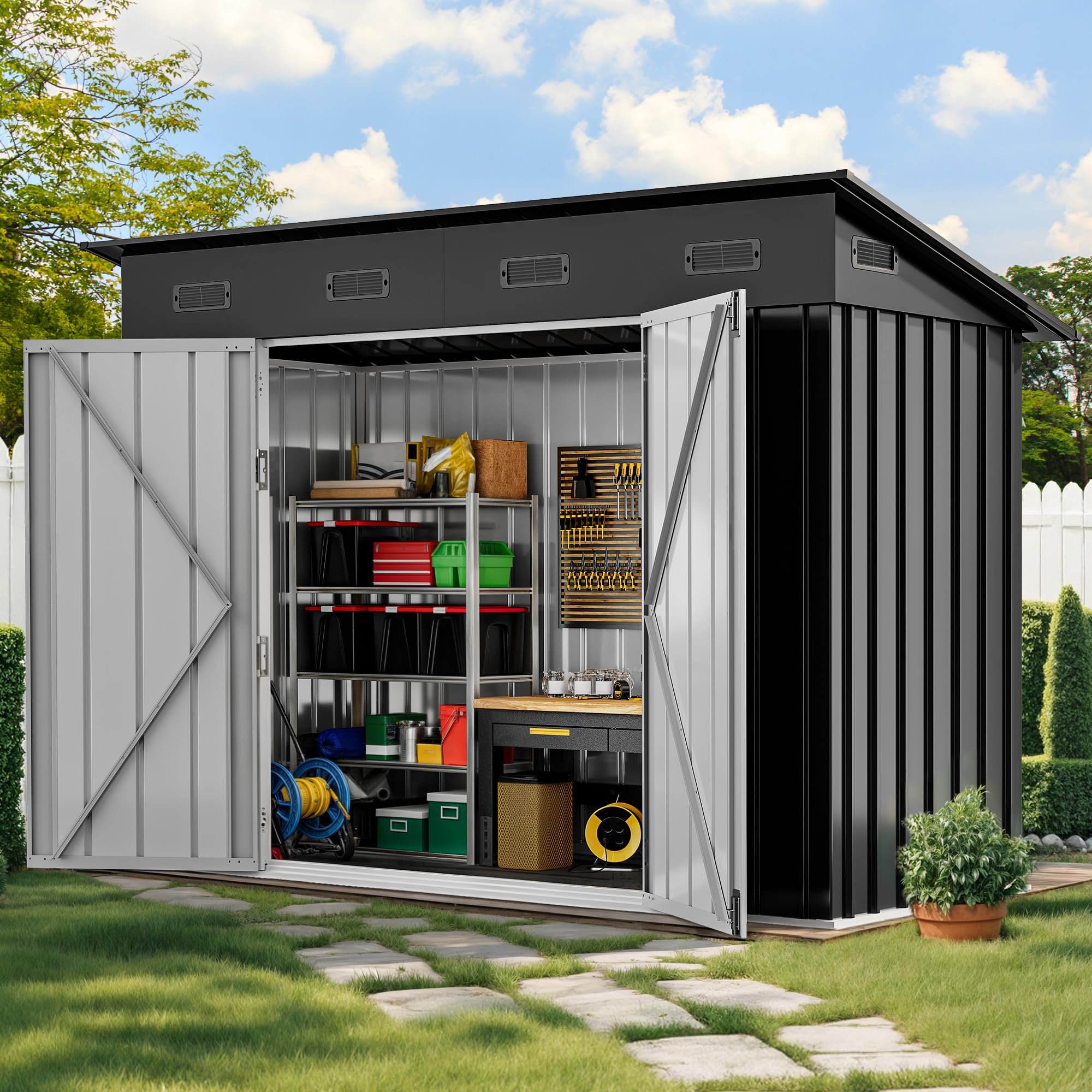 Photo 1 of DWVO 9' x 4' Outdoor Storage Shed, Lockable Double Doors, Sloped Roof, Heavy-Duty Steel Shed for Garden & Patio, Large Backyard Tool Organizer, Dark Gray