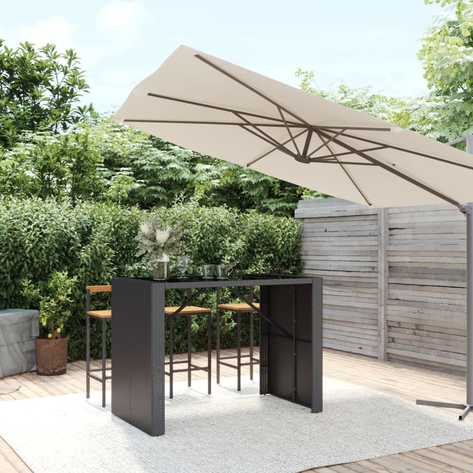 Rantry Mesa Alta Bar ratán PE y Superficie Vidrio Negro 145x80x110 cm, Mesa Alta de Bar Mobiliario Muebles Exterior Terraza Balcón Restaurante Cafetería Cocina Mesas de jardín