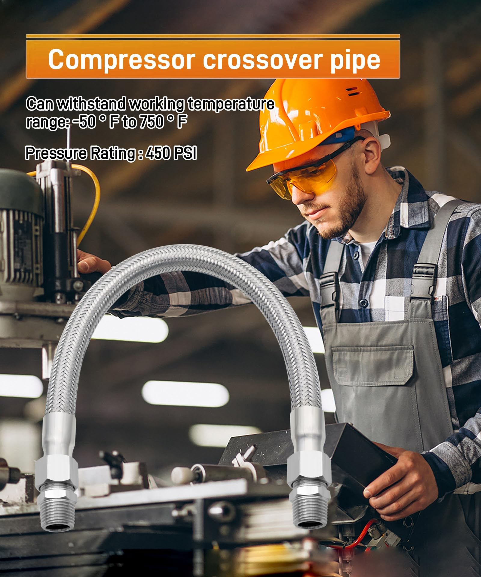 Industrieller Kompressor-Überbrückungsschlauch, 38,1 Cm, Mit 1,9 Cm (3/4 Zoll) NPT-Steckern, 450 PSI & 400 °C Belastbar – Beidseitig Frei Drehbar
