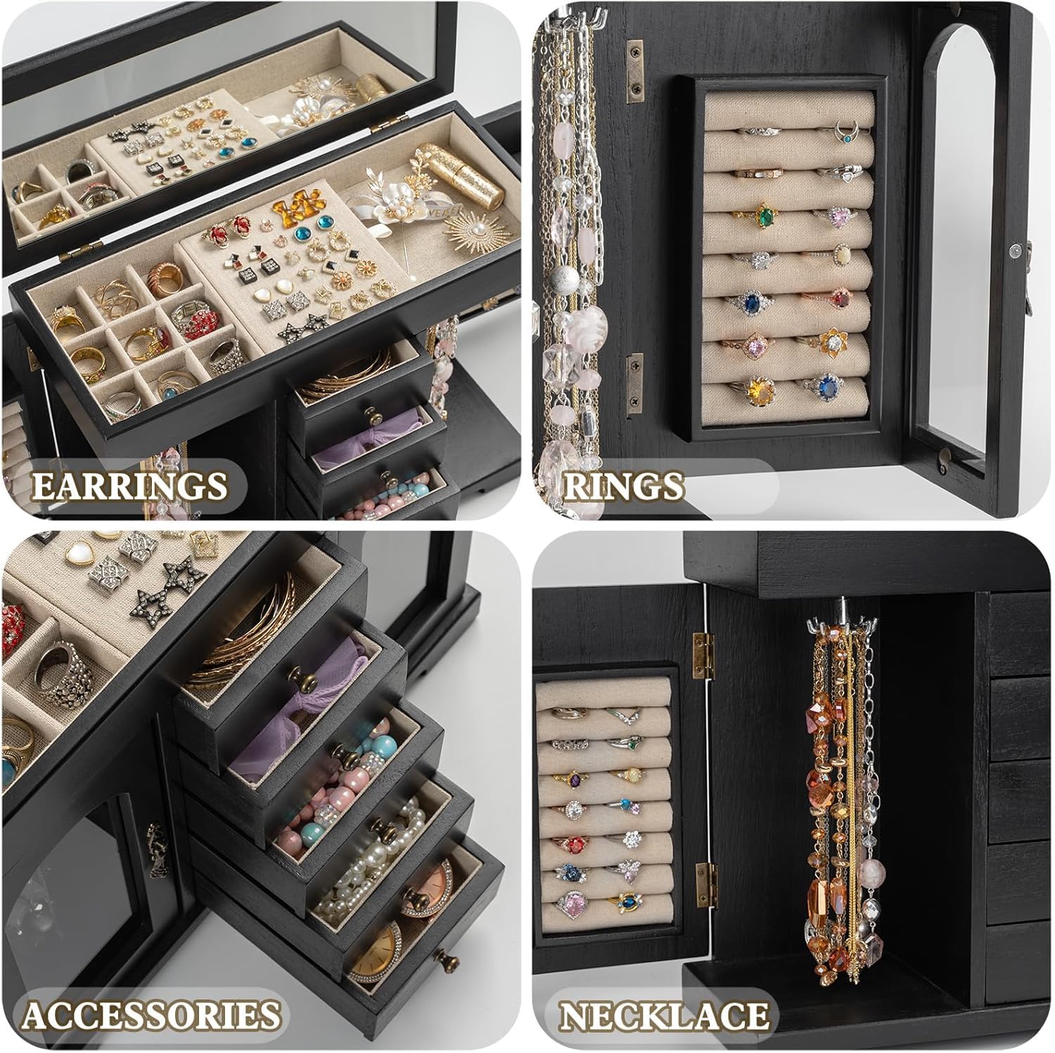 Joyeros Mujer Organizador, 6 Niveles Organizador Joyas Rústica con Espejo, Joyero Madera Grande para Collares, Pendientes, Anillos, Pulseras (Negro)