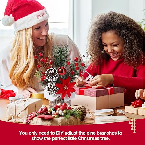 Miniatura 2 de Hatisan Árbol de Navidad pequeño, árbol de Navidad artificial con adornos de Navidad, bayas de cono de pino, árbol de Navidad de mesa para