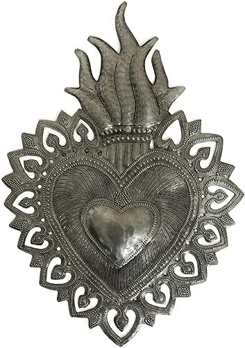 Corazón sagrado, corazón llameante, arte popular religioso, decoración espiritual del hogar, arte de pared de metal haitiano, 7.25 x 10.25 pulgadas