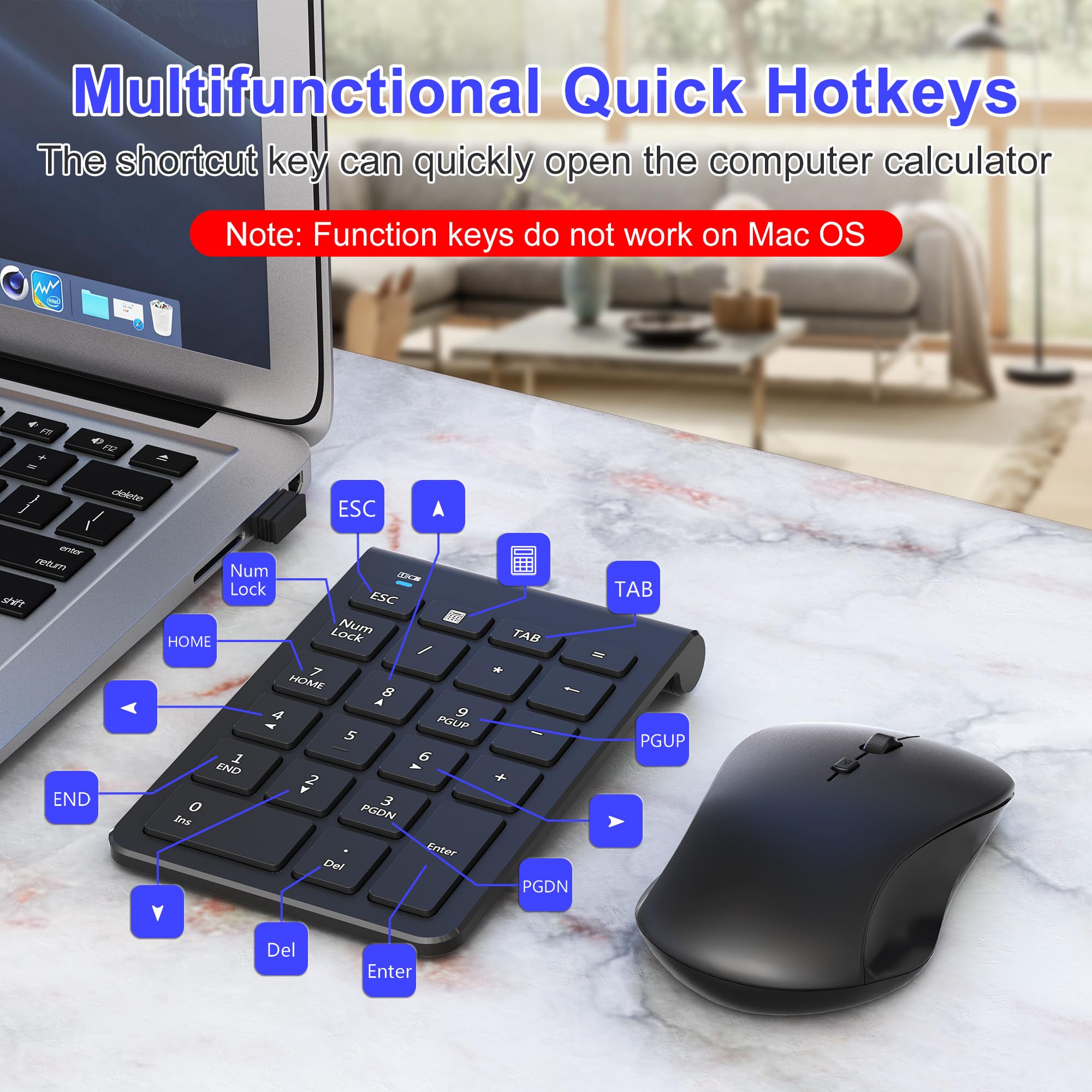 Combo de mouse inalámbrico y almohadilla numérica, teclado USB de 22 teclas y 3 mouse silencioso DPI ajustables, teclado numérico ultra delgado y portátil de 2.4 GHz para laptop, PC, escritorio