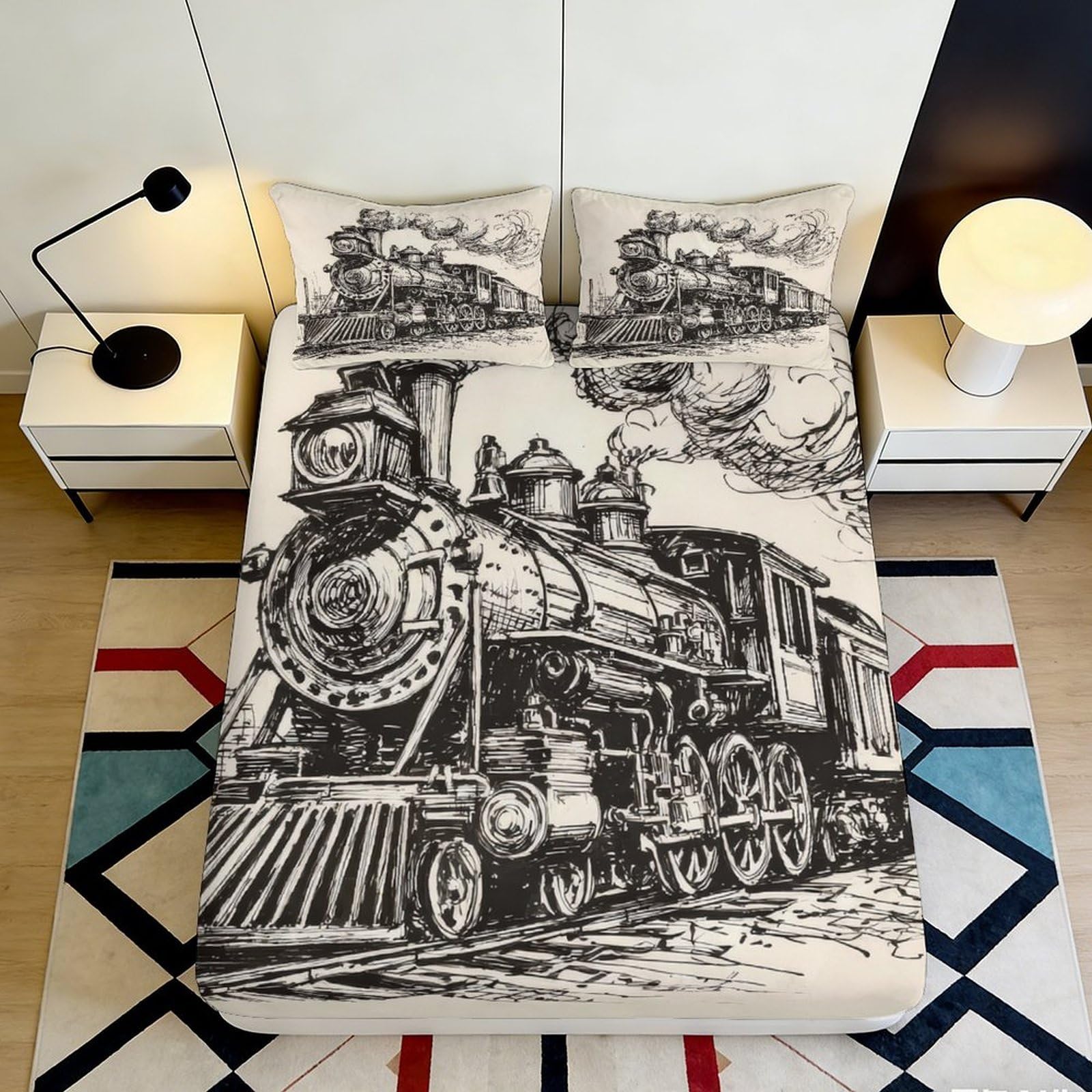 3D Printed Vintage Steam Train Fitted Sheet Microfiber Soft Breathable Locomotive Bed Cover for Bedroom Dorm Decor 140x200x25cm