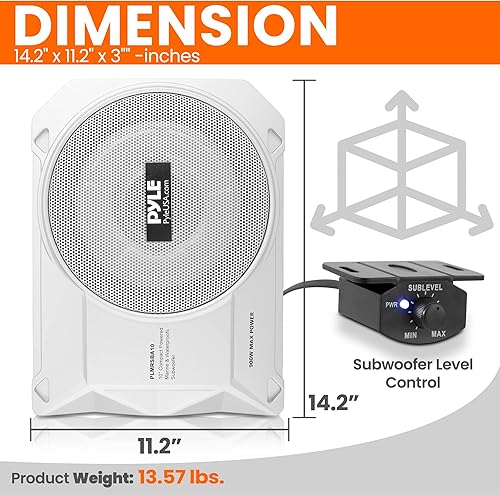 Miniatura 4 de Pyle Sistema de subwoofer amplificado de perfil bajo de 10 pulgadas (900 vatios) y radio estéreo Bluetooth Pyle Marine (300 vatios) - PLMRSBA10 y