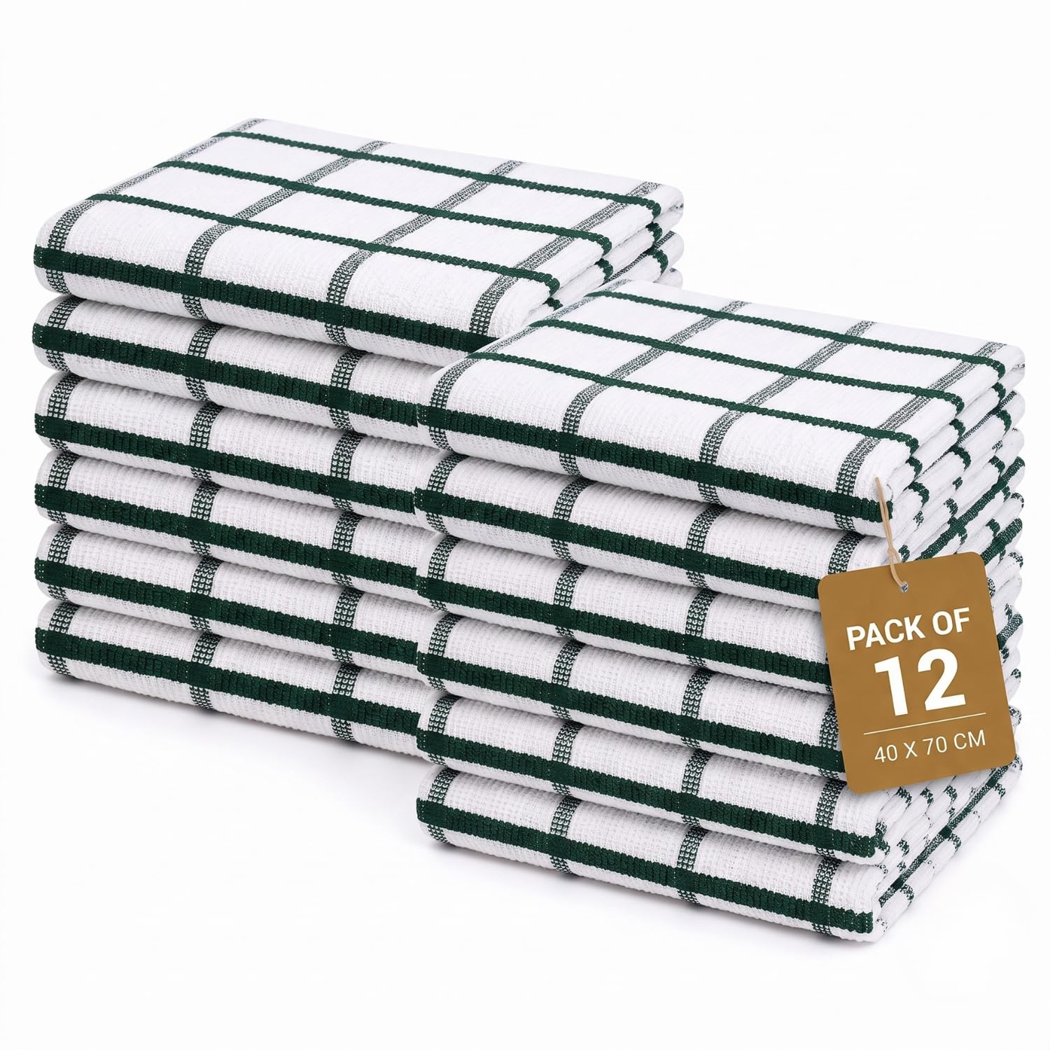 Gift Hub Kitchen Tea Towels Set, 100% Cotton Terry Cleaning Cloths | Highly Absorbent Big Check Towels for Drying Dishes & Glassware, Home Essentials | 40 x 70 cm, Green - Pack of 12