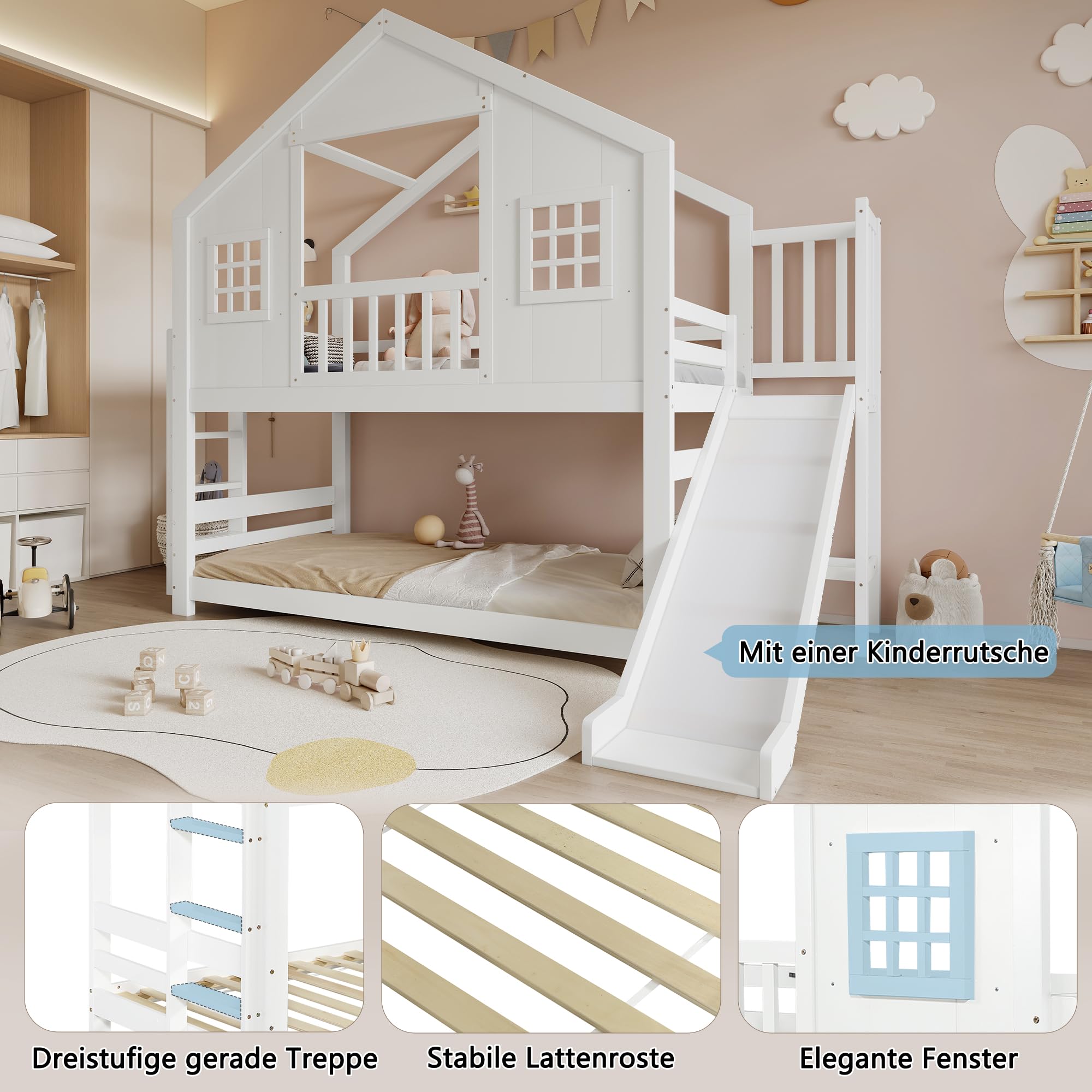 Etagenbett mit Kinderrutsche, Kinderbett, Exquisites Fenster- und Dachdesign, Stabiler Lattenrost und Stufen, Kiefer + MDF+Sperrholz, Weiß, 90x200cm