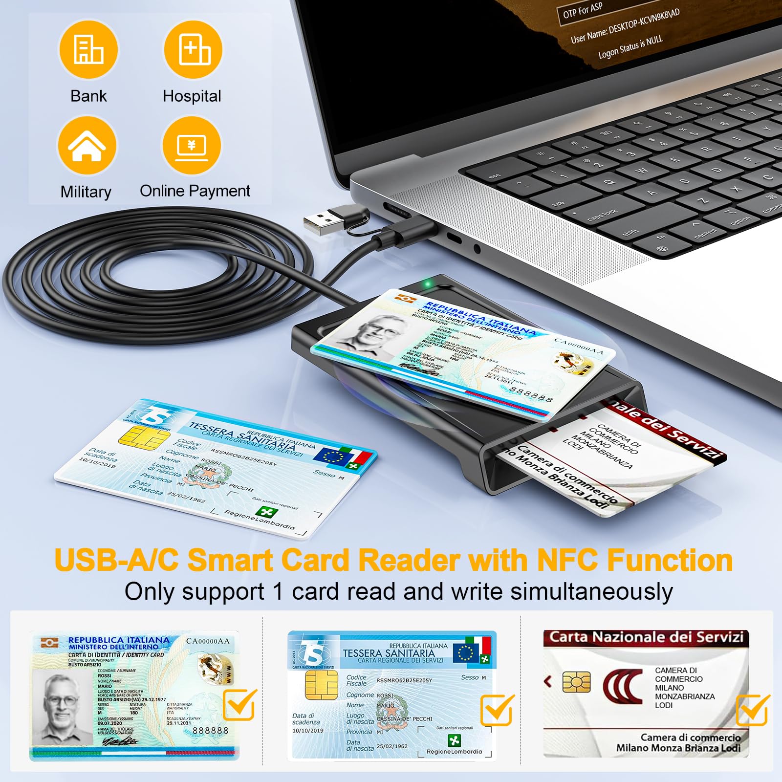 USB-A+USB-C Lettore CIE 3.0 Carta d'identità Elettronica e Tessera Sanitaria Italiana,Lettore Smart Card CNS Firma Digitale Lettore NFC Smart contatto e contactless CIE/CRS/CNS per Windows 10 11 Linux