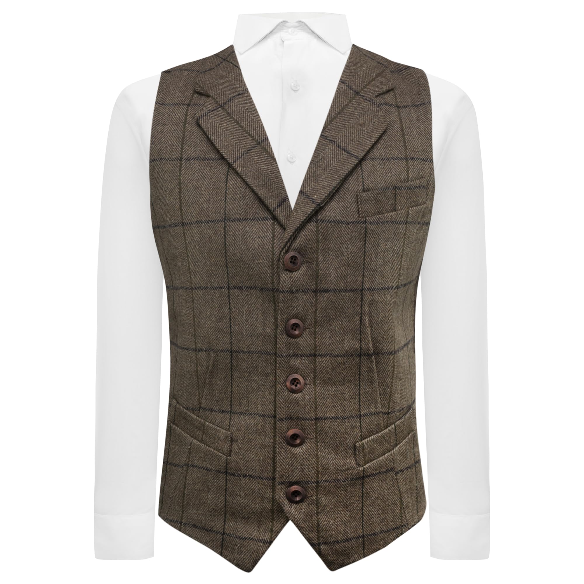 King & Priory Peanut Brown Herringbone Check Waistcoat with Lapel - XXXL