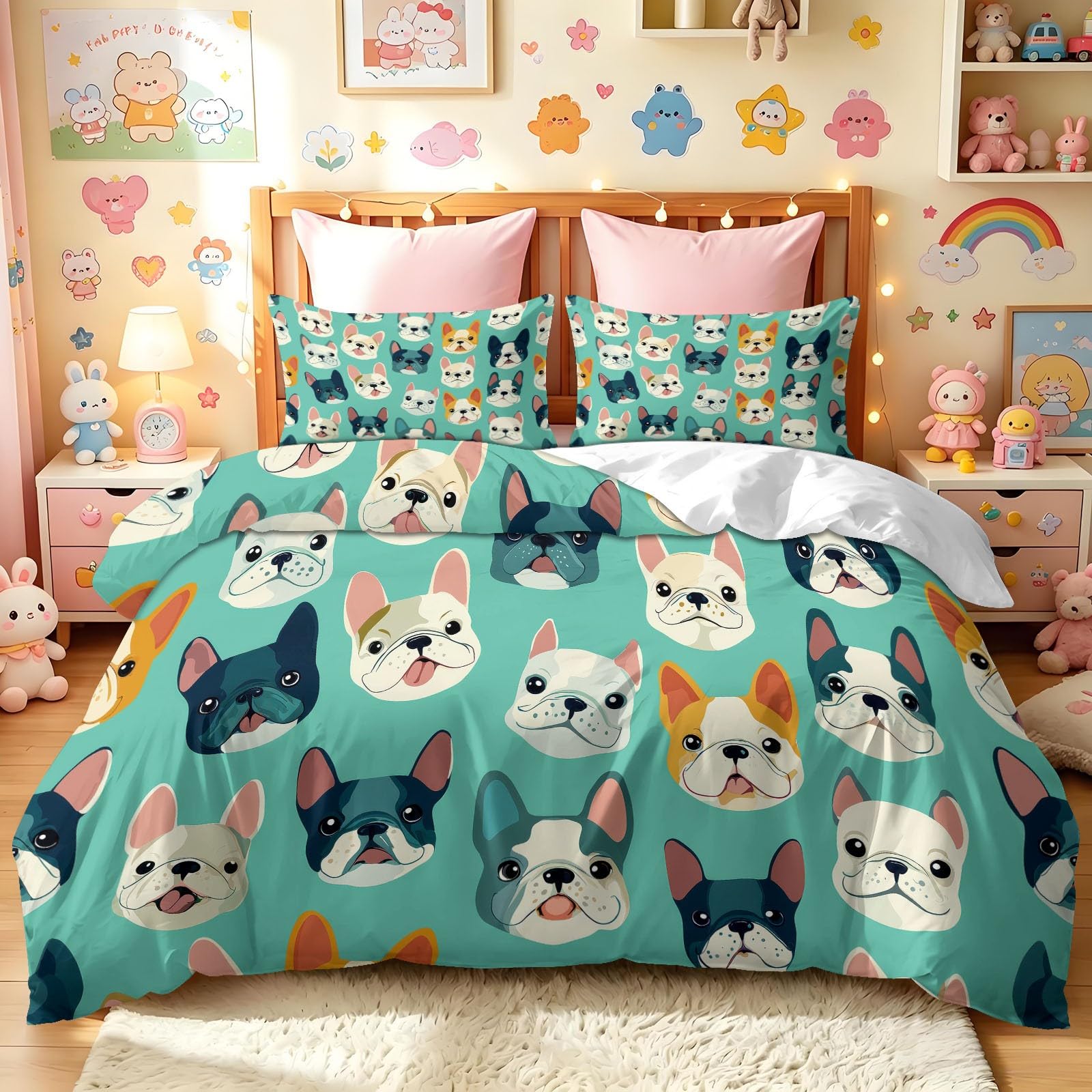 Bettwäsche Bulldogge Welpe Lustig Kinderzimmer Art 240x220 cm Erwachsene Bettbezüge 3 teilig mit Reißverschluss und 2 Kissenbezüge Doppelseitig Bettwaren Kuschelig Mikrofaser Bettwäsche-Set