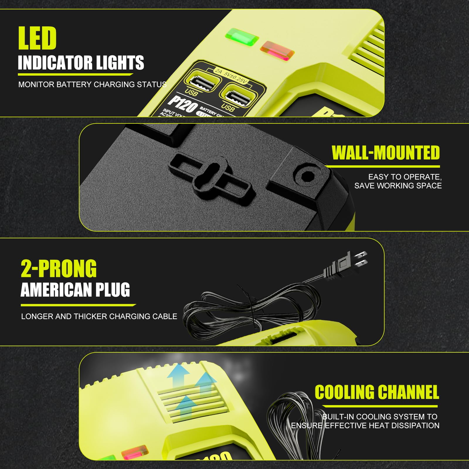 Cargador de repuesto para Ryobi 18V cargador de batería P117 (con 2 puertos USB), compatible con Ryobi Battery 12V-18V One+ batería NiCad NiMh de litio P102 P108 P103 P105 P107 P190 PBP002