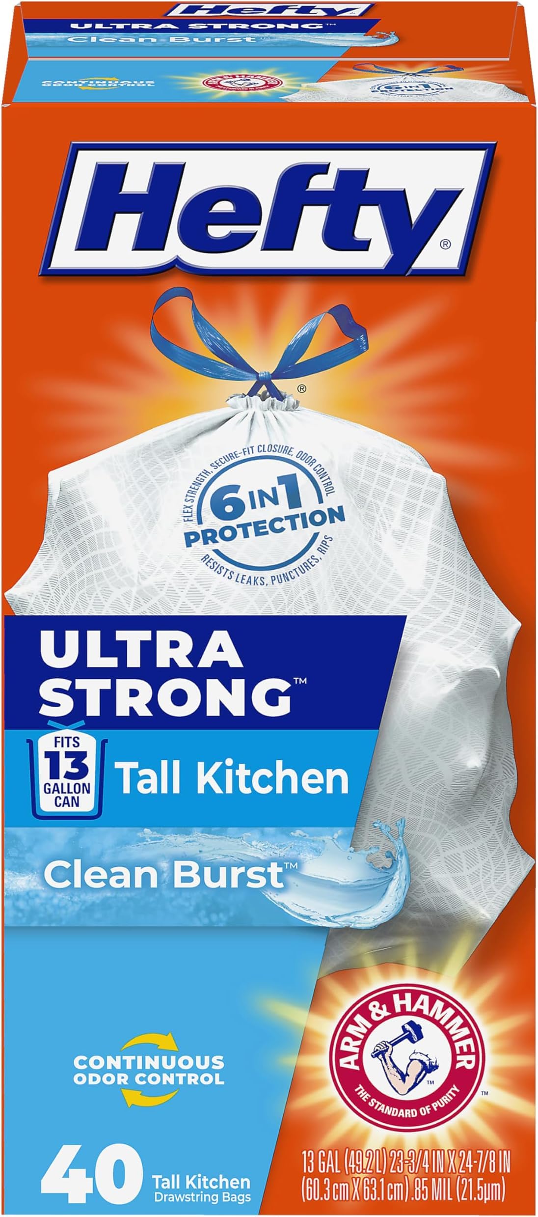 Hefty Ultra Strong 13 Gallon Trash Bags,Tall Kitchen TrashBags 13 Gallon Size,Drawstring Closure,Continuous Odor Control,White,Clean Burst Scent,40-Bags,(Pack of 6)