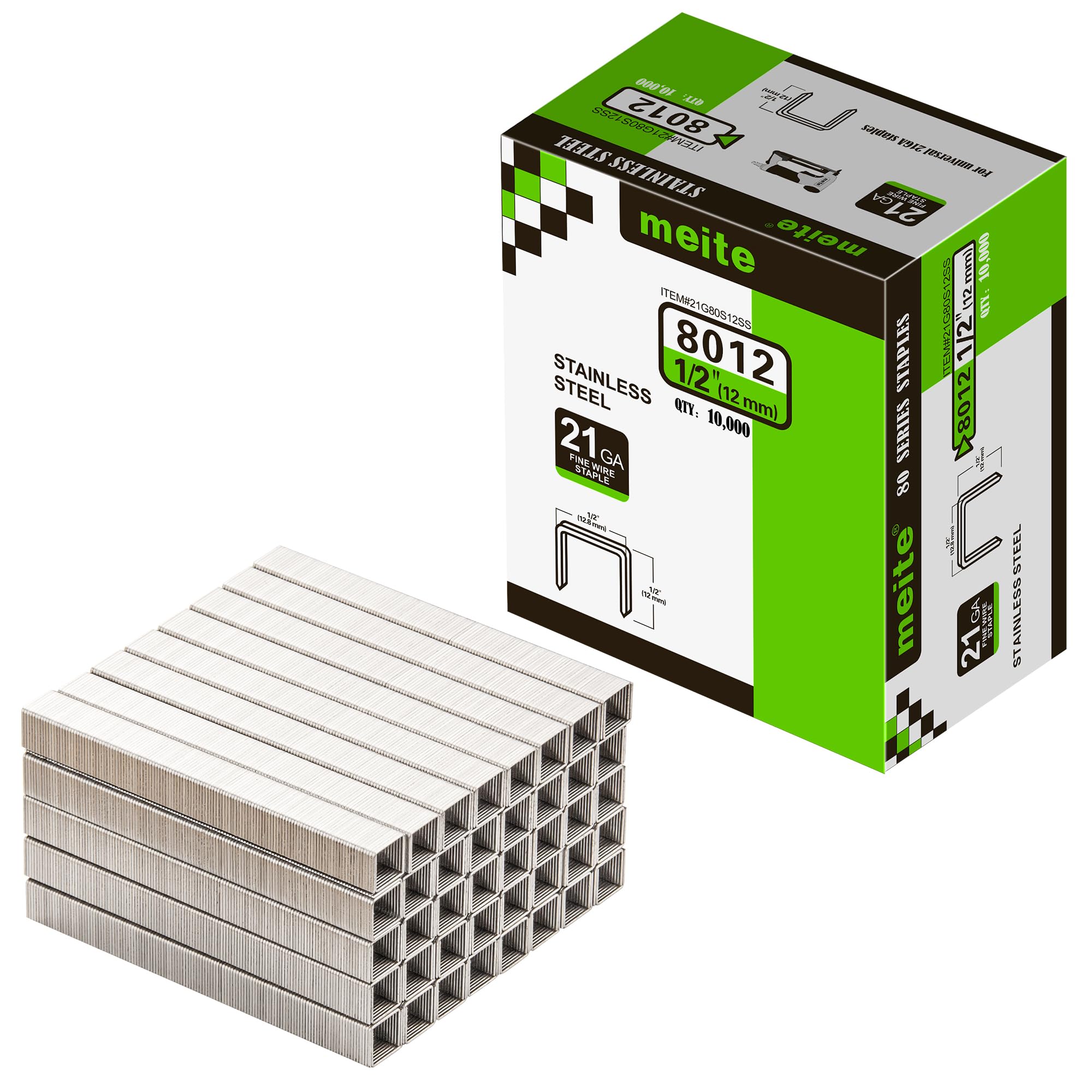meite Graffette Type 80 da 12 mm in Acciaio Inox 304, Punti Serie 80 per Pinzatrice – Ideali per Tessuti, Moquette, Scatole in Legno, Cavi e Casette – 10.000 Pezzi