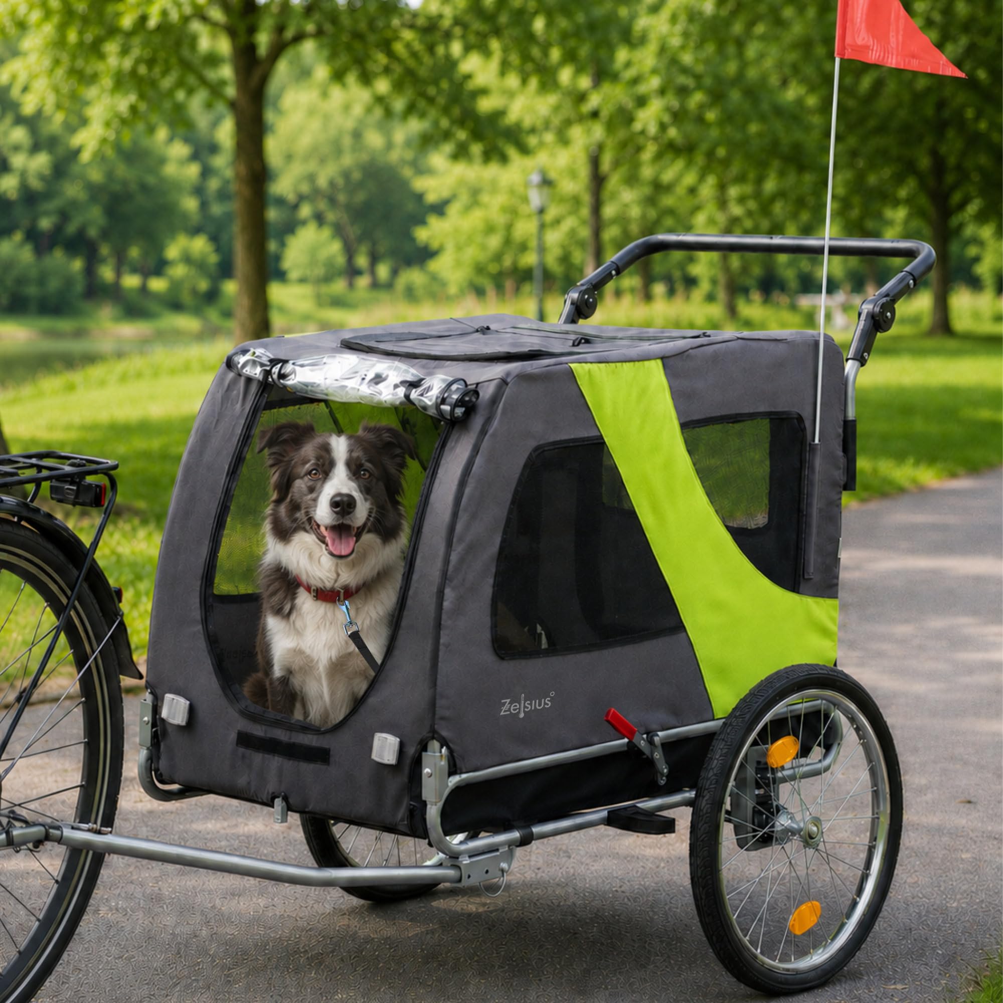 Zelsius 2 w 1 przyczepka rowerowa dla 2 psów, przyczepka rowerowa i wózek dla psów do 60 kg, 334 l, ciemnoszara, neonowa zieleń, wózek dla psów, przyczepka rowerowa, sprzęgł, wózek dla zwierząt