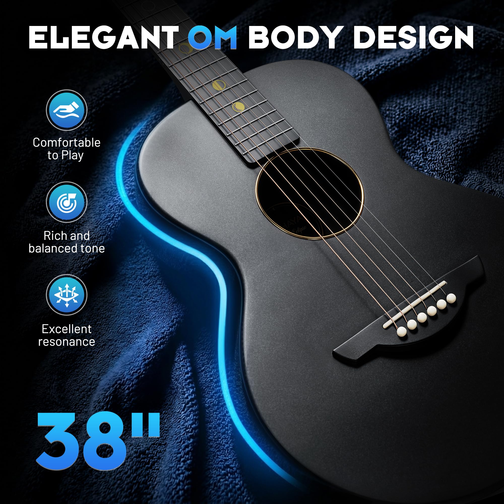 CAHAYA Carbonfaser Akustikgitarre 38 Zoll, ultraleicht 1,9 kg, Reisegitarre | OM-Bauform, ultraleicht 1,9 kg, wetterfest; Low Action, Modern-C-Hals, Stahlsaiten, Gigbag & Zubehör für Anfänger und Reisen
