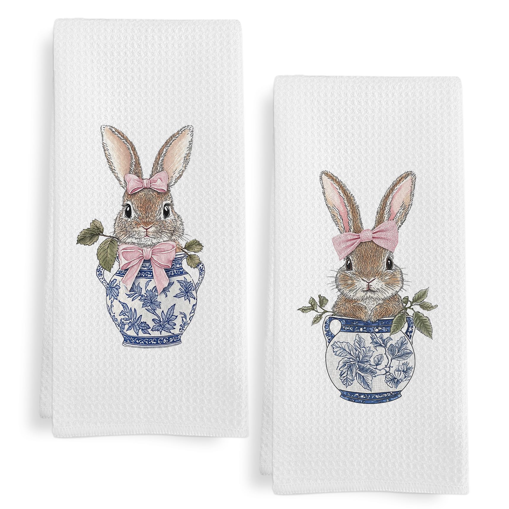 GWFSJYU Chinoiserie Bunny Kitchen Towels Set of 2, Easter Blue and White Rabbit Gifts Dish Tea Towel for Kitchen, Coquette Bunnies Hand Towels for