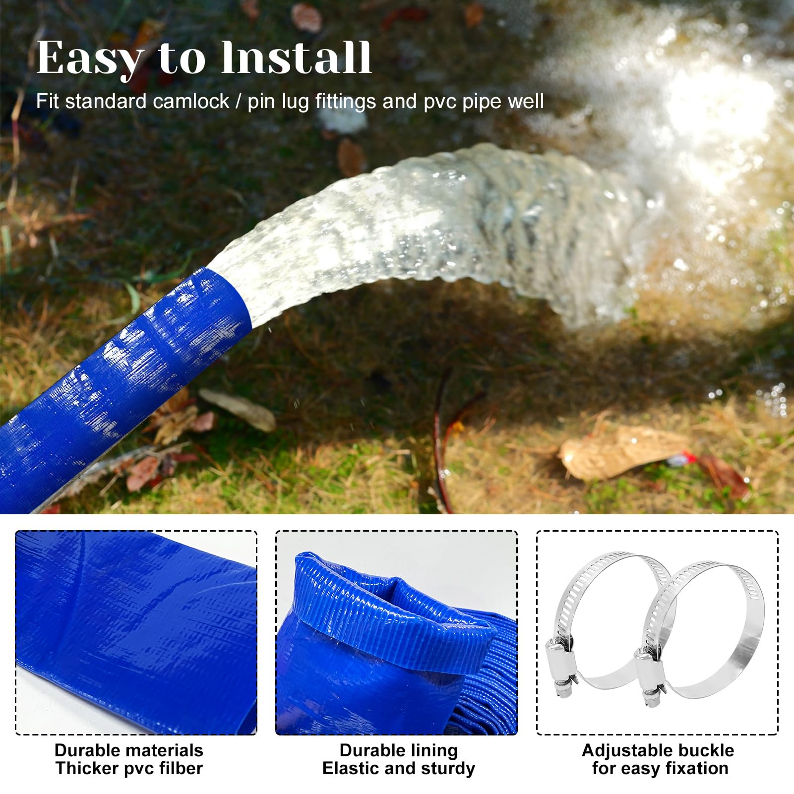 Manguera de descarga plana resistente de 2 pulgadas x 50 pies y 2 abrazaderas para piscina, manguera de filtro de transferencia de agua, bomba de sumidero, filtro de piscina, drenaje de piscina