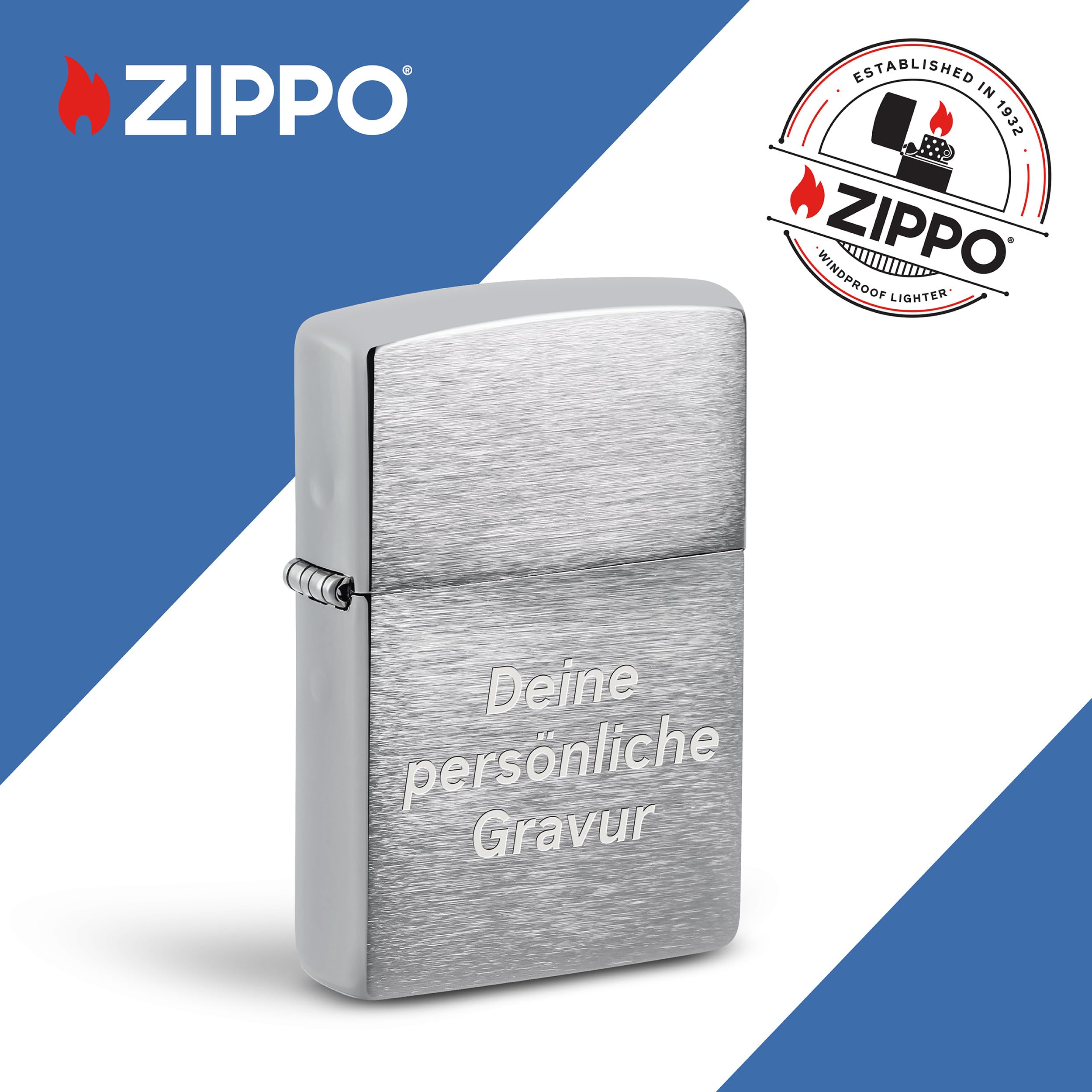 Zippo Sturmfeuerzeug mit Gravur – Brushed Chrome – Personalisiert mit Wunschtext – Nachfüllbar - Wiederverwendbar – Windfest