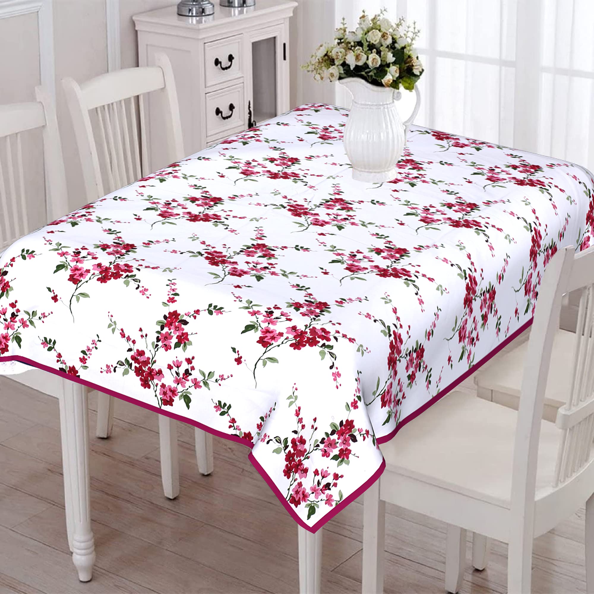 100% Cotton Rectangular Table Cloth for 6 Seater Dining Table, 145 Cm X 220 Cm Dining Table Cover 6 Seater, Floral Pink and White Design with Lace Piping