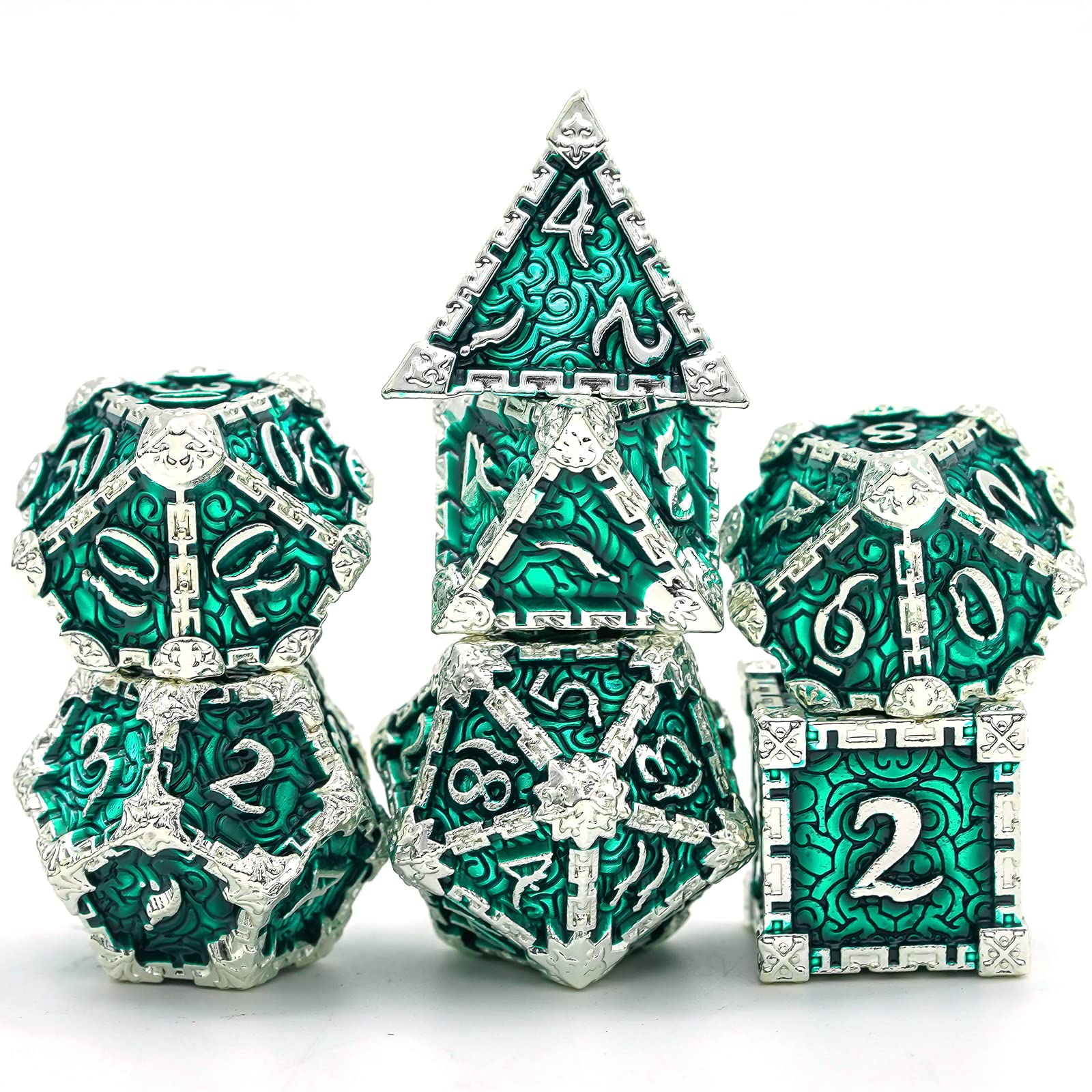 Cusdie 7 Pcs Metal Dice with Metal Box, Dagger Design Polyhedral DND Dice Set, for Role Playing Game D&D Dice (Silver Green)