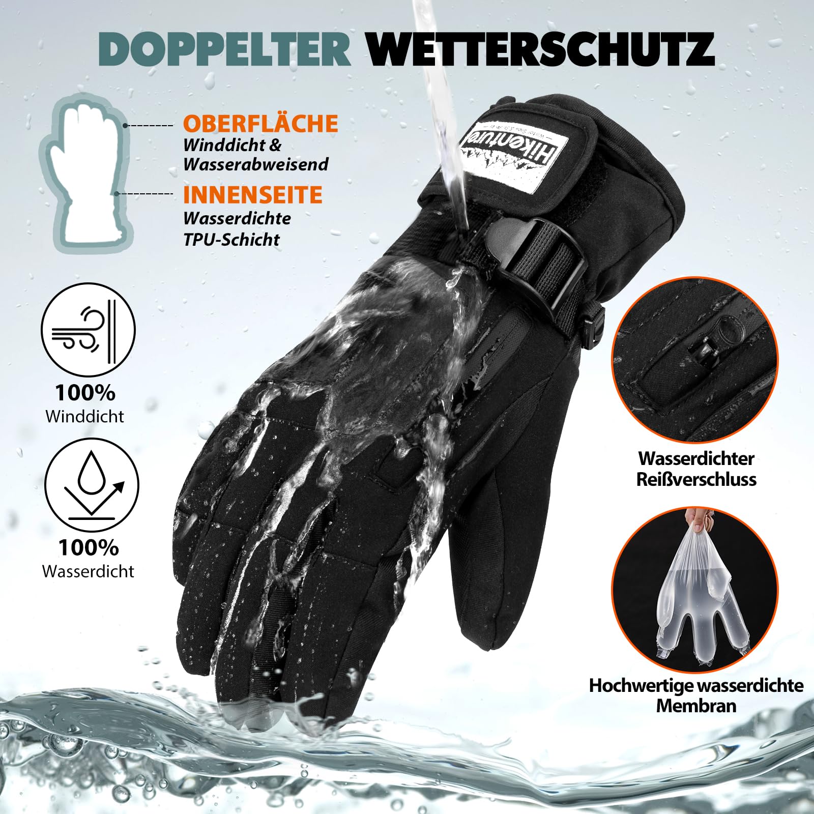 HIKENTURE Winterhandschuhe Herren Damen, 3M Thinsulate Skihandschuhe, wasserdichte Handschuhe Winter Warm, Winddichte Touchscreen Snowboardhandschuhe für Skifahren, Radfahren, Motorrad, Laufen