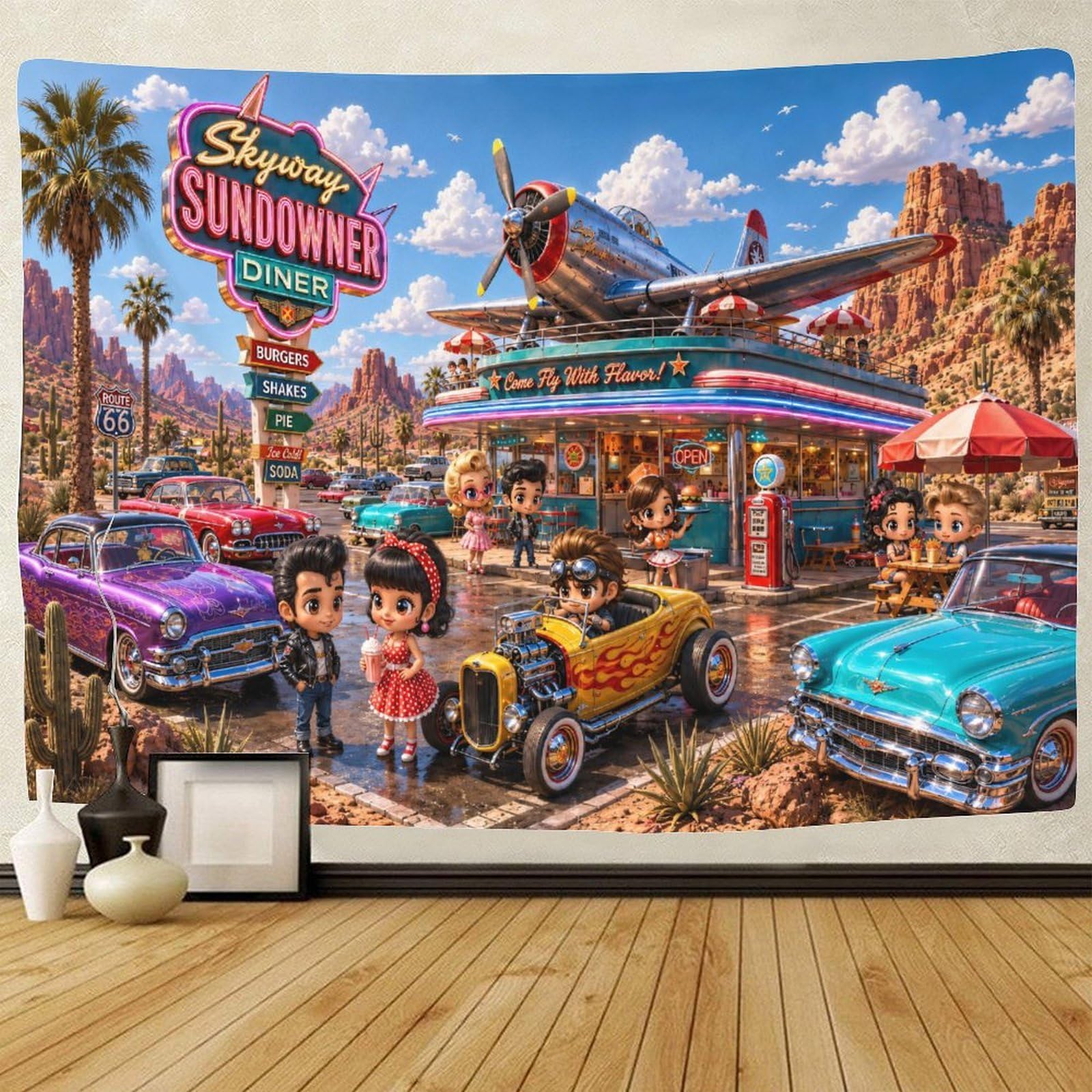 GPMNBCXZK Chibi Route 66 Vintage Aircraft Wall Hanging Decor 3D Print Tapestry Wall Art Decor Tapestries Poster Curtain Bedroom College Dorm 130cmx150cm
