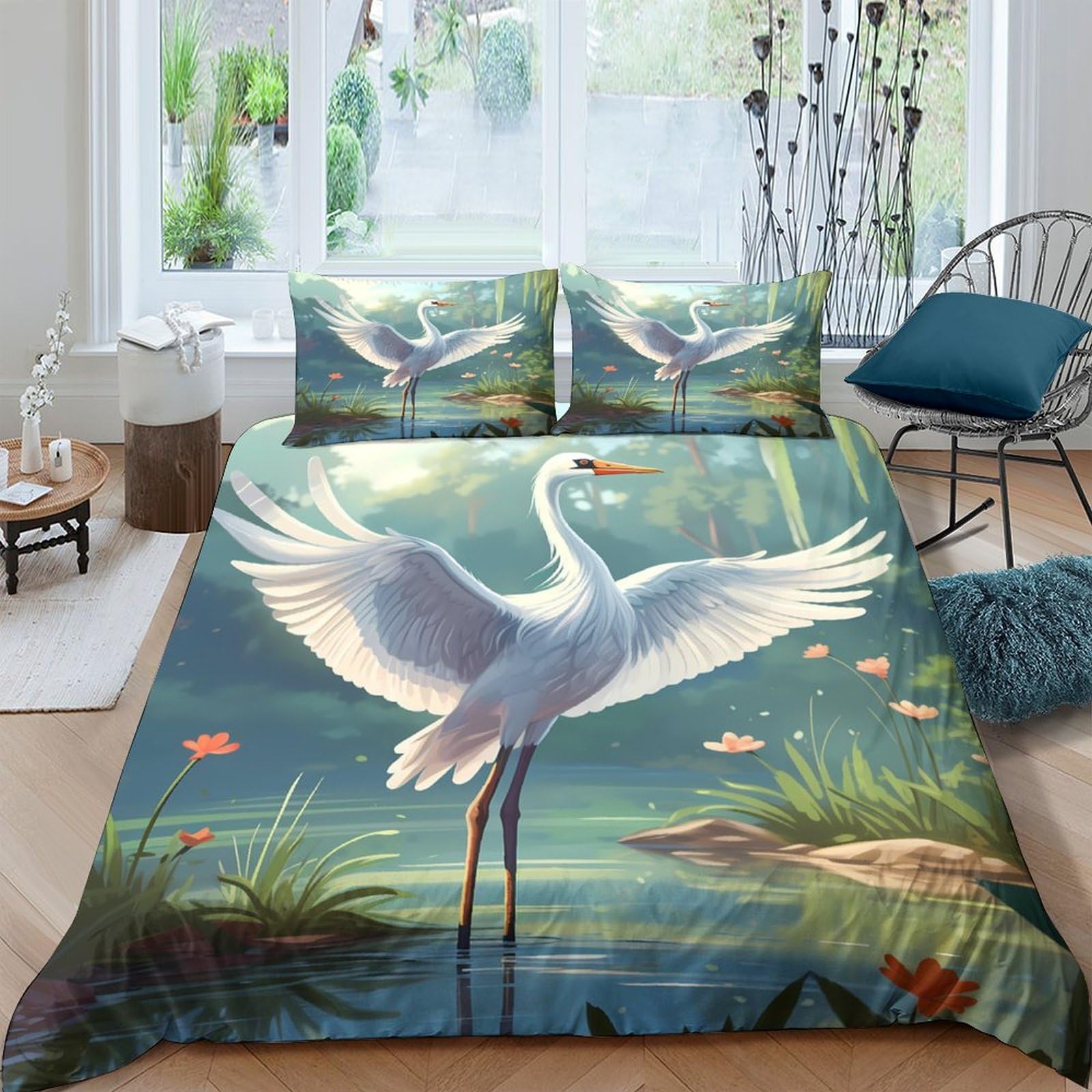 Ctjqhvkz Style-8 3D Printed Elegant White Crane Fitted Sheet Microfiber Soft Mattress Cover Blue Lake Scene Bedroom Dorm Decor Single（135X200cm）