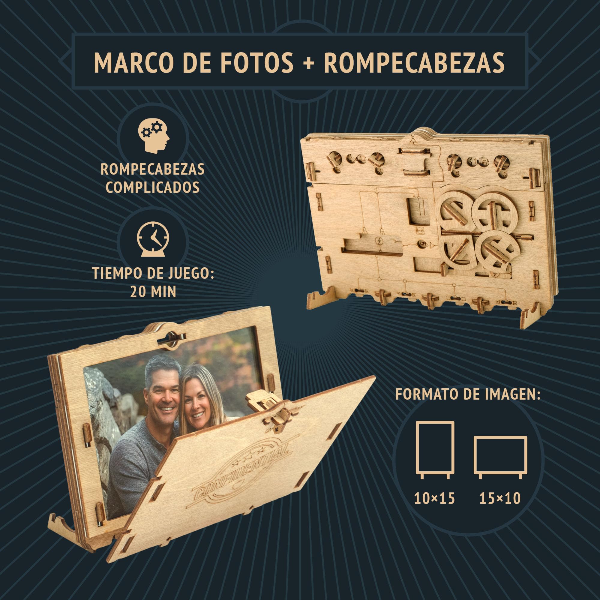 iDventure Clueframe – Marco de Fotos Secreto Caja rompecabeza – Juego de Escape Room – Caja Personalizada - Puzzle 3D de Madera - Regalos Originales