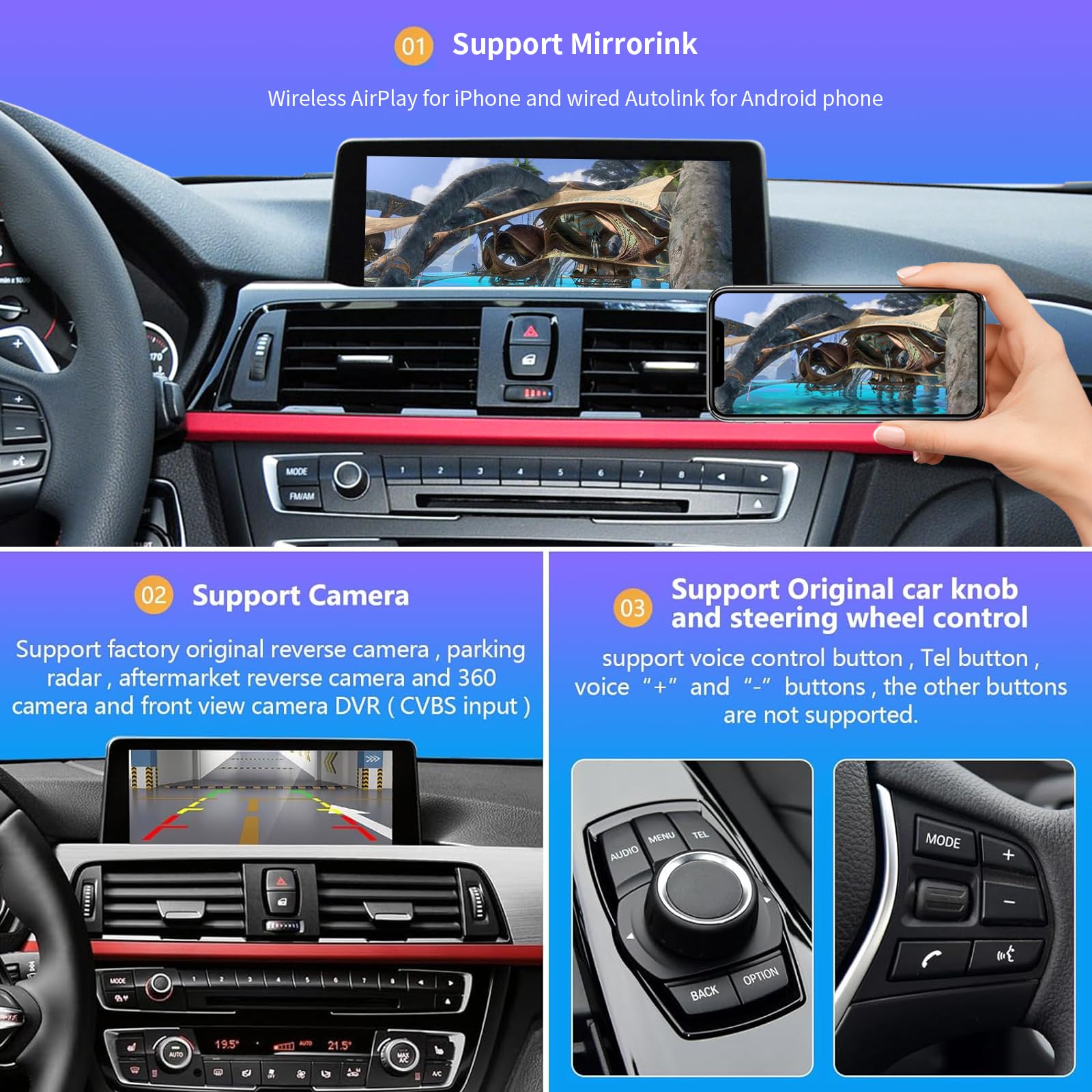 Road Top Bezprzewodowy Carplay Android Auto do BMW NBT System 3 4 5 6 7 Series X1 X3 X4 X5 X6 2012-2016, obsługa Mirrorlink, GPS/nawigacja, kamera cofania | Dla serii 1/2/3/4/5/6/7 X1 X3 X4 X5 X6 (2012-2016), obsługa bezprzewodowej Carplay, Android Auto,