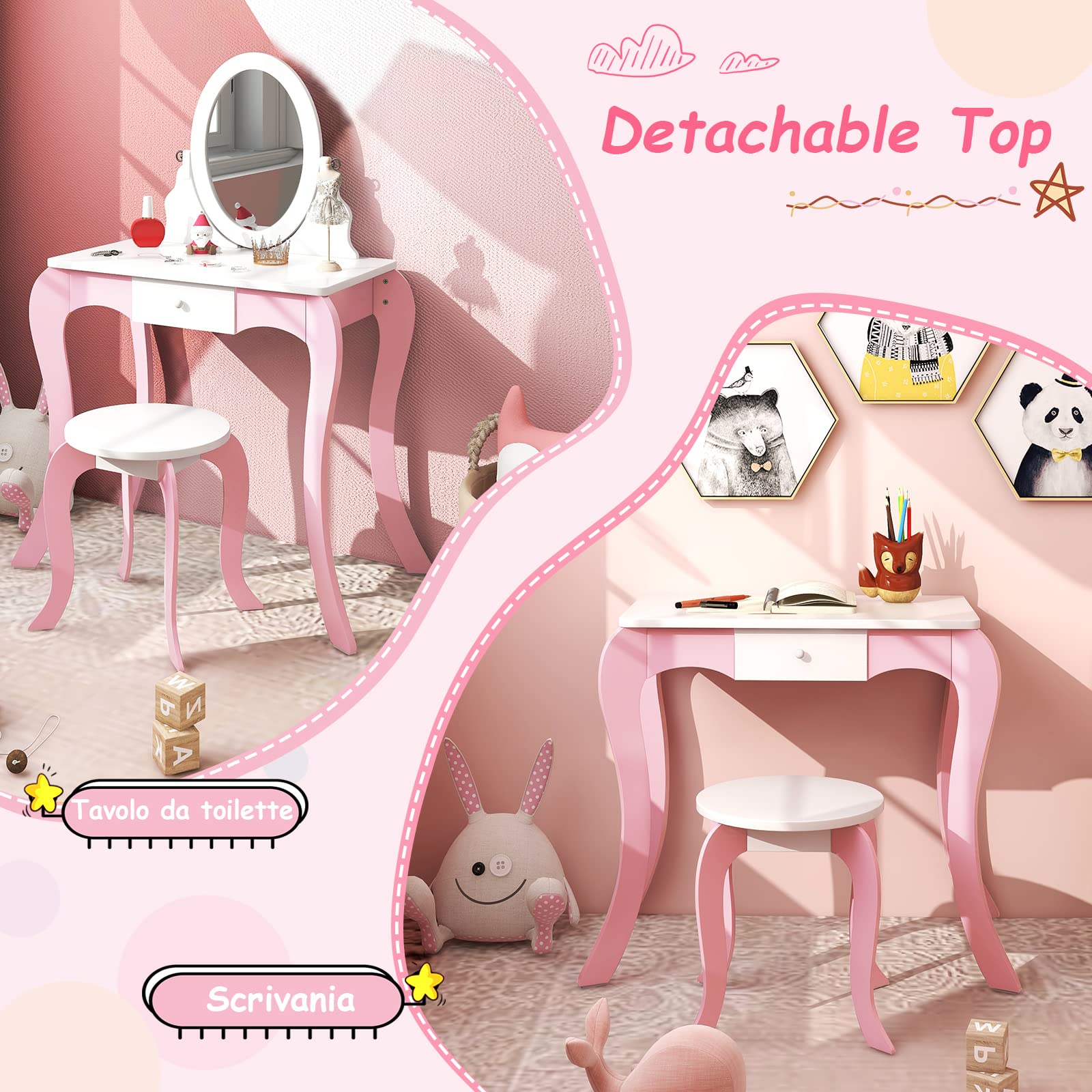 RELAX4LIFE 2 in 1 Toeletta Trucco per Bambini, Set Tavolo da Trucco per bambini, Specchio e Sgabello, Set di Vanità per Bambini da 3 a 7 anni