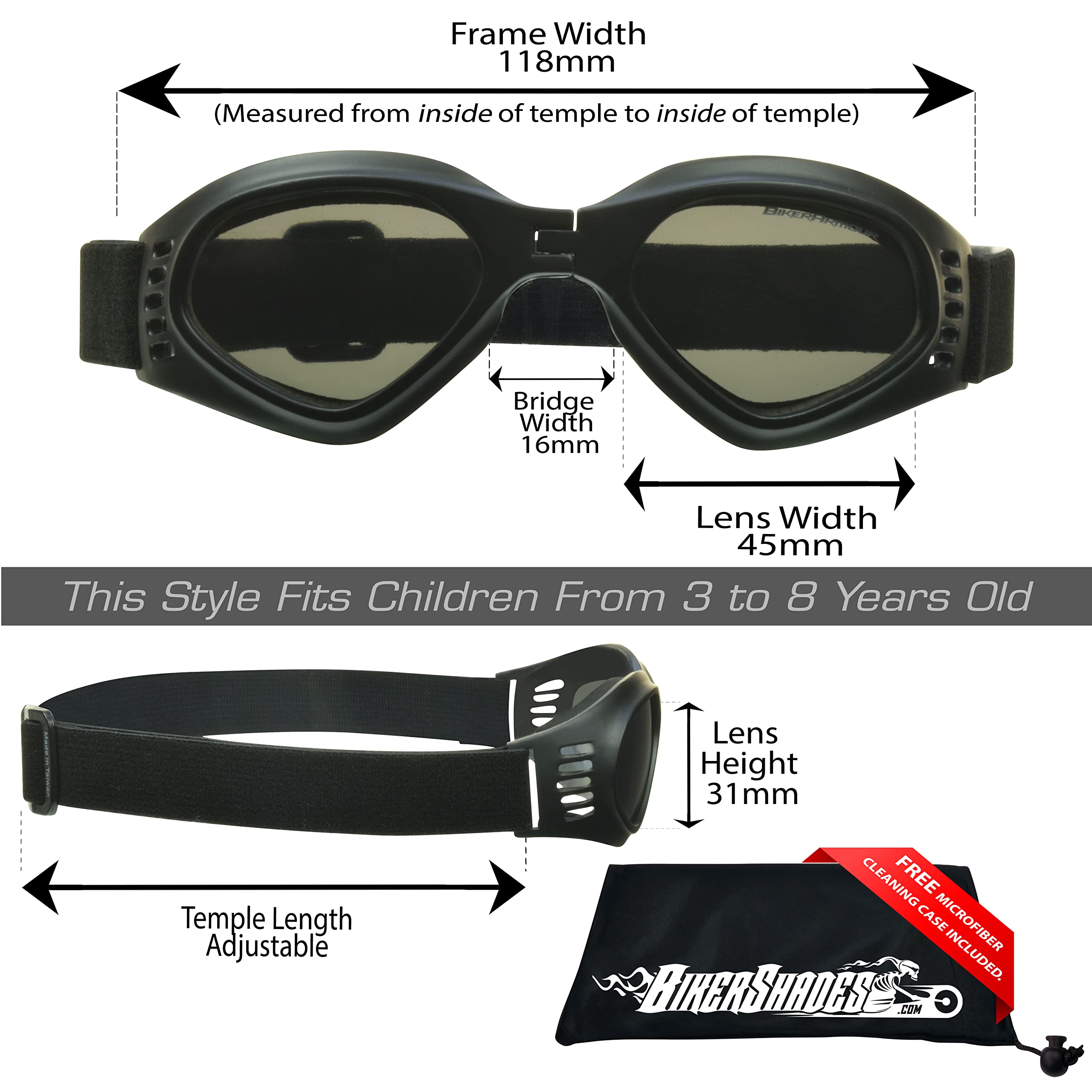 Bikershades Kids Safety Sunglass Goggles Foldable Boys Girls Black Frame Smoke & Clear Lens Motorcycle Riding, Motor Cross and Skiing