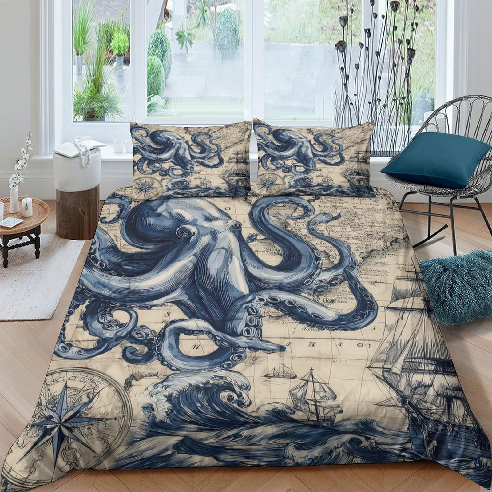 Ctjqhvkz Style-5 3D Printed Vintage Octopus Fitted Sheet Microfiber Soft Breathable Nautical Kraken Bed Cover For Bedroom Guestroom Decor Single（135X200cm）