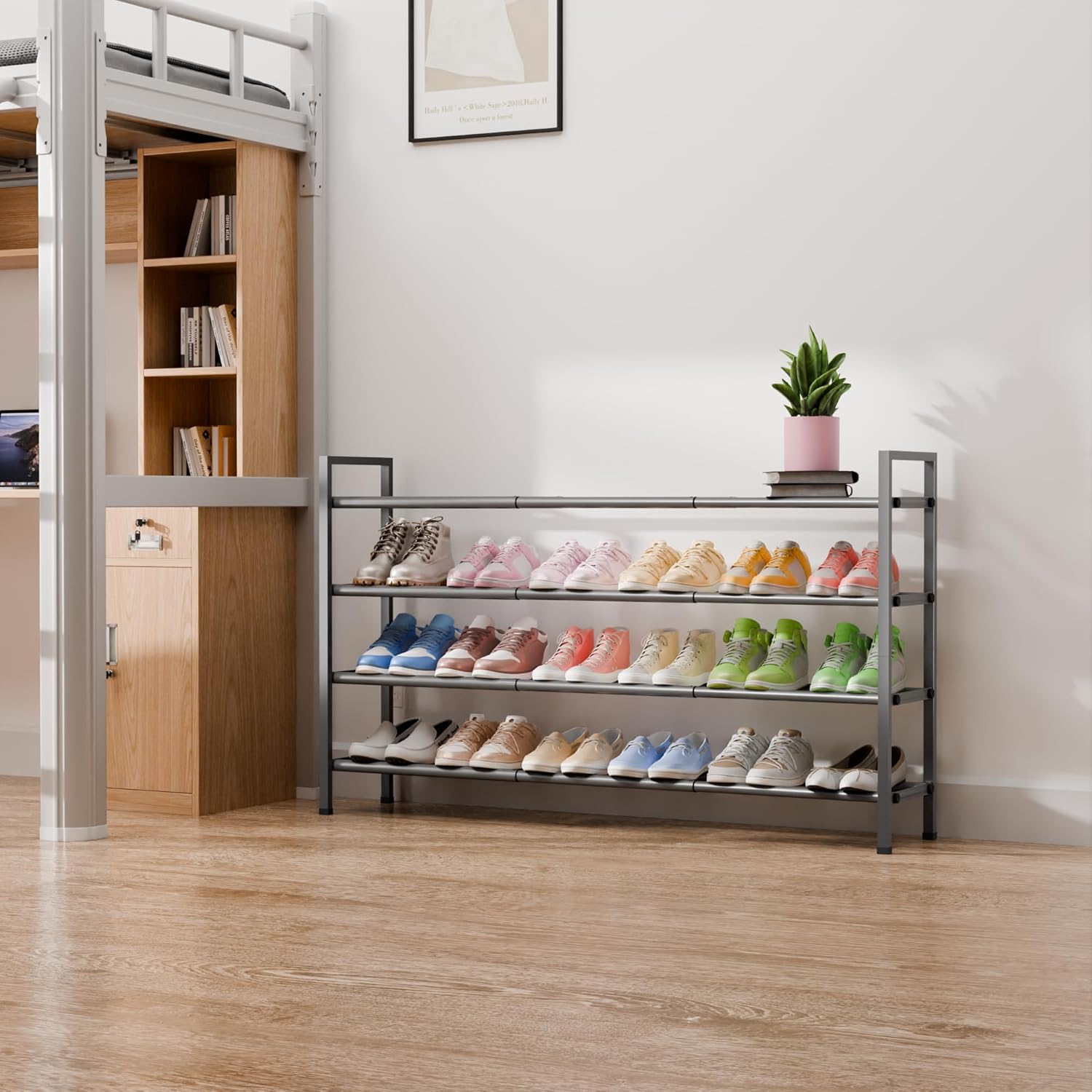 Bumusty 4-Tier Long Expandable Shoe Rack for Closet, 18"-44" Adjustable Shoe Rack for Small Space, Small Shoe Organizer for Front Door, Sturdy Metal, Grey