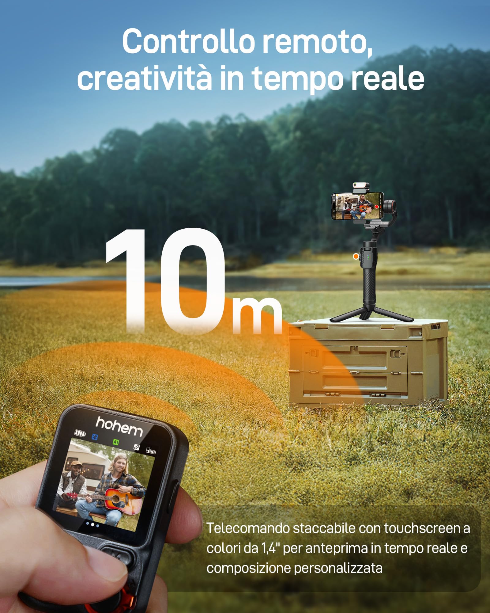 hohem iSteady M7 Gimbal Smartphone, Stabilizzatore Cardanico con tracciamento AI, telecomando touchscreen staccabile da 1,4", asta di estensione integrata, luce di riempimento, per video, YouTube