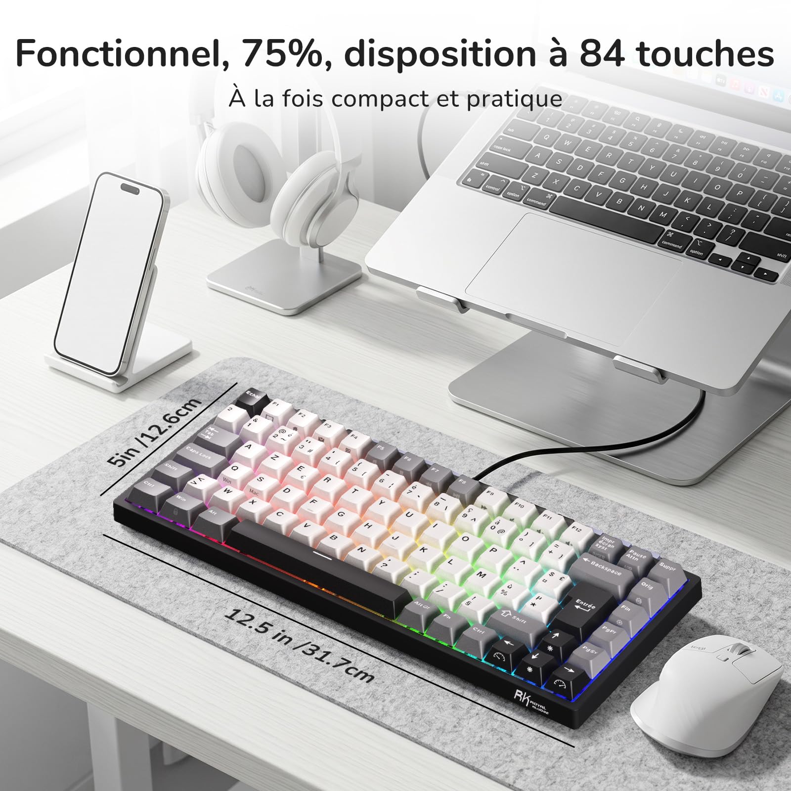 RK ROYAL KLUDGE RK84FR Clavier mécanique, 75% RGB, Hot-Swap, AZERTY
