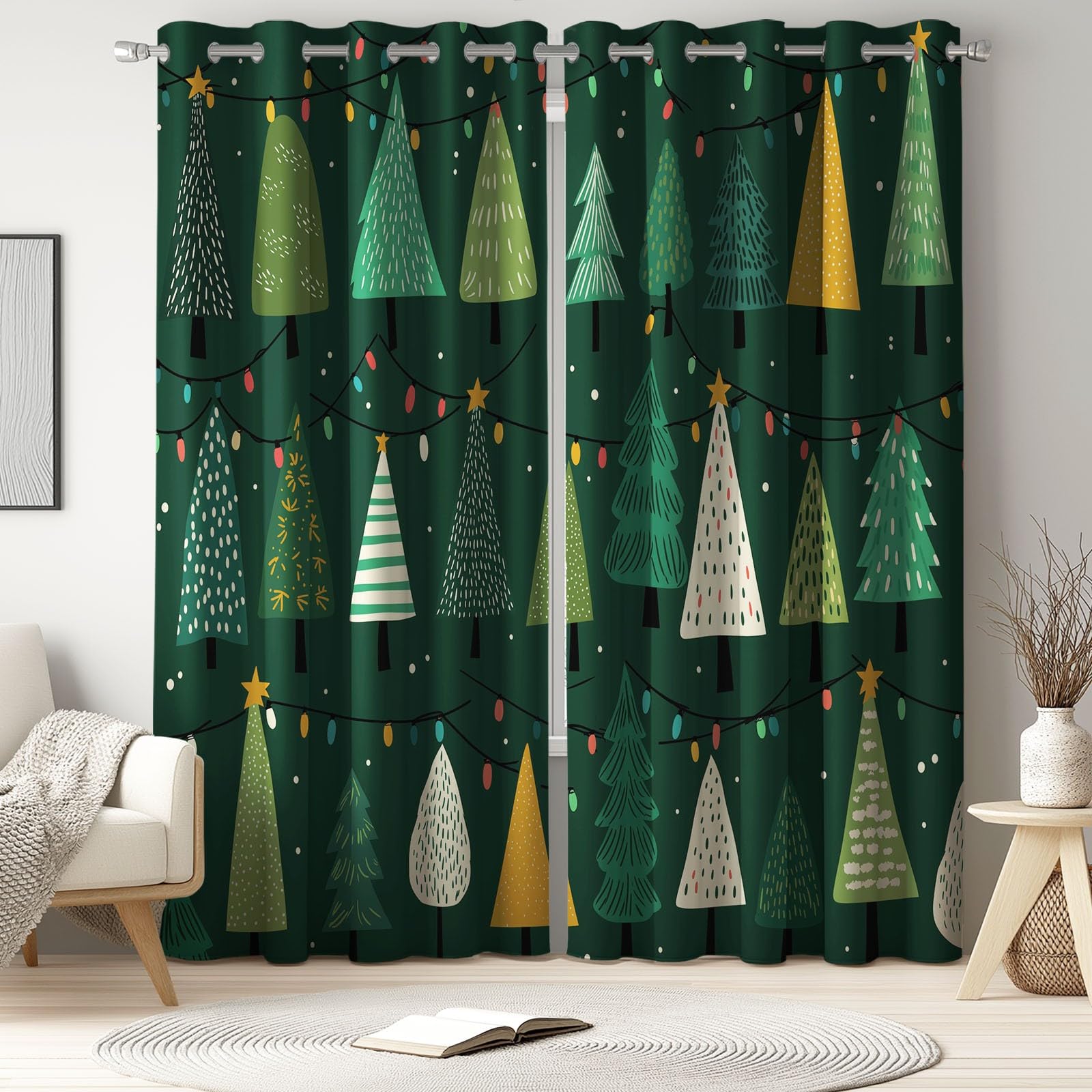 Verdunklungsvorhänge 2er Set mit Ösen, Blickdichte Gardinen Schalldämmend Lärmschutzvorhang für Kinderzimmer Wohnzimmer Festlich Weihnachten Fröhlich Weihnachtsbaum Lichterkette, H 175 x B 140 cm