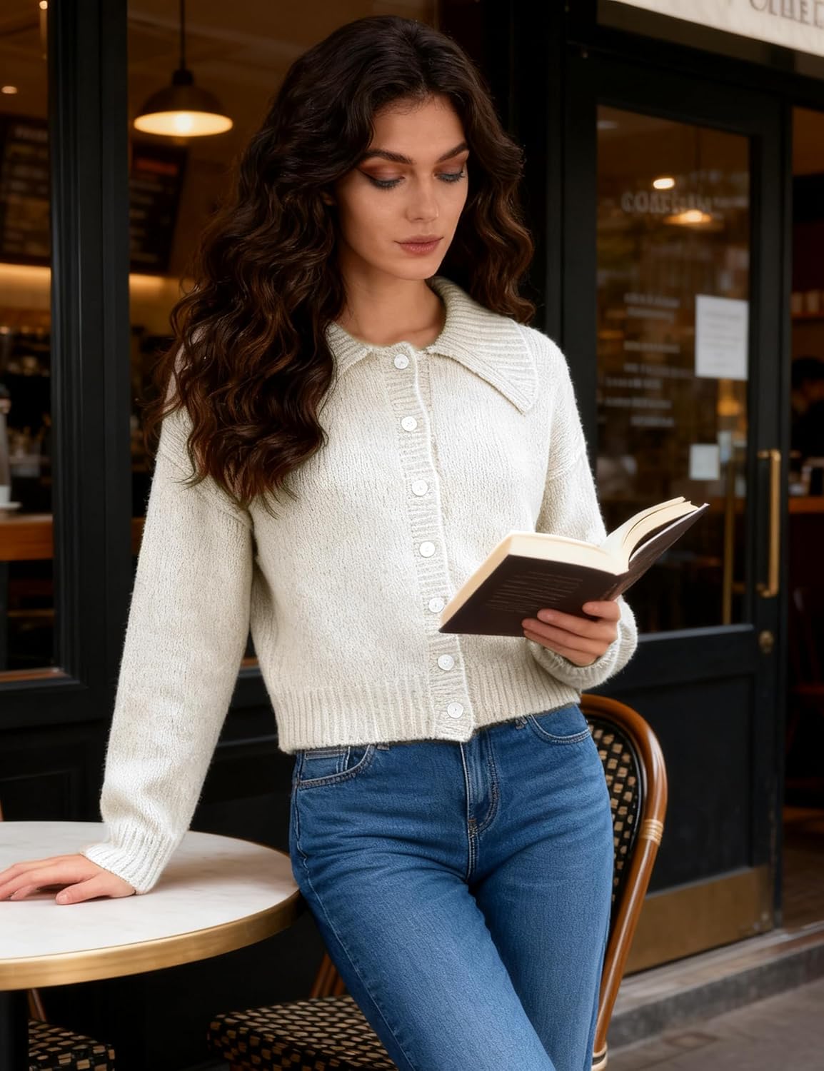 Watashi Women Sweater Cardigan Casual Cropped Collared Knit Cardigans Button Up Long Sleeve Fall Spring Sweaters Knitwear - Image 5